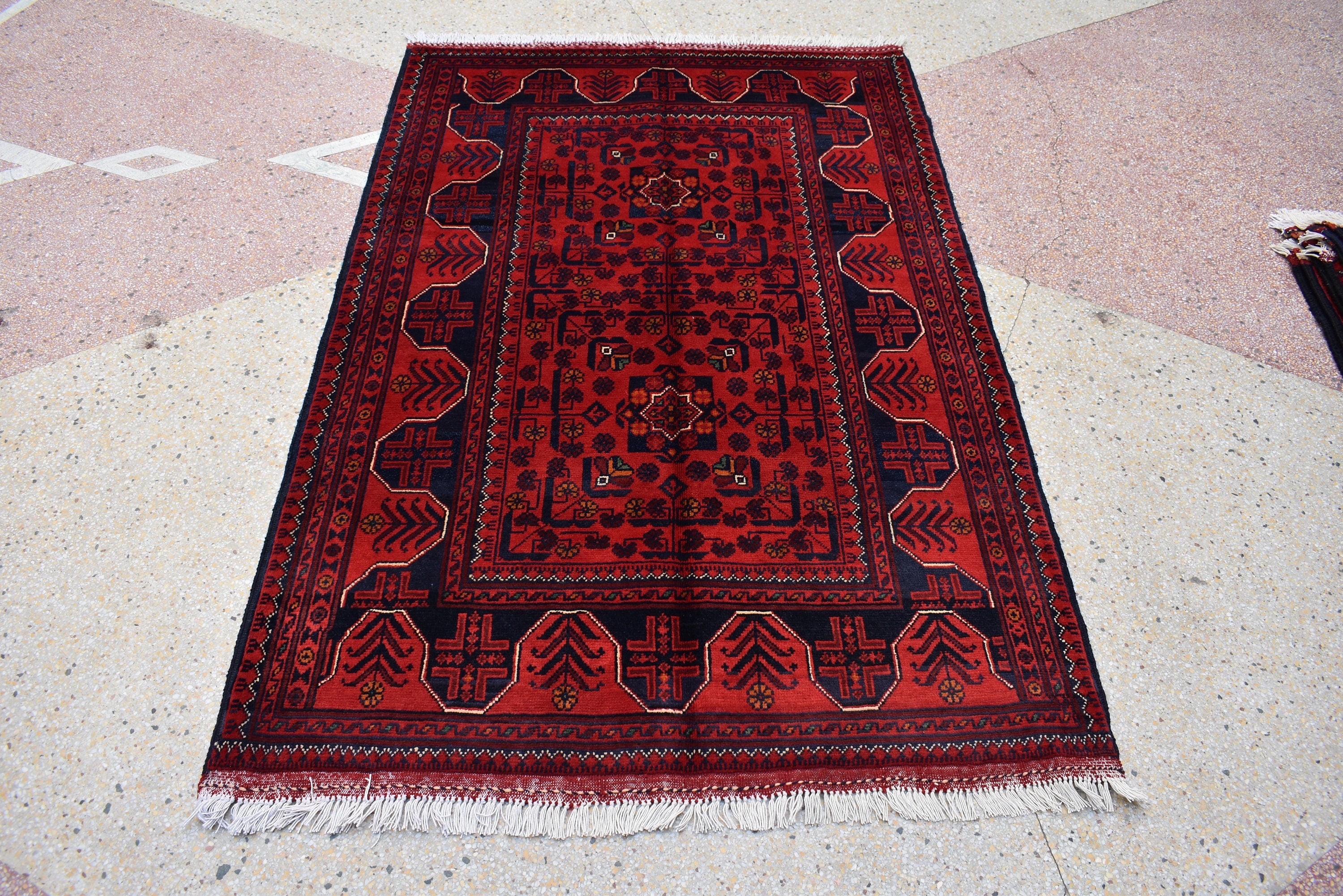3x5 Bukhara Rug Turkmen 100% Wool Afghan Veg dyes Handmade Bukhara Pattern Turkmen Oriental Rug, Bedroom Rug, Perfect for Office 5.1x3.4 ft