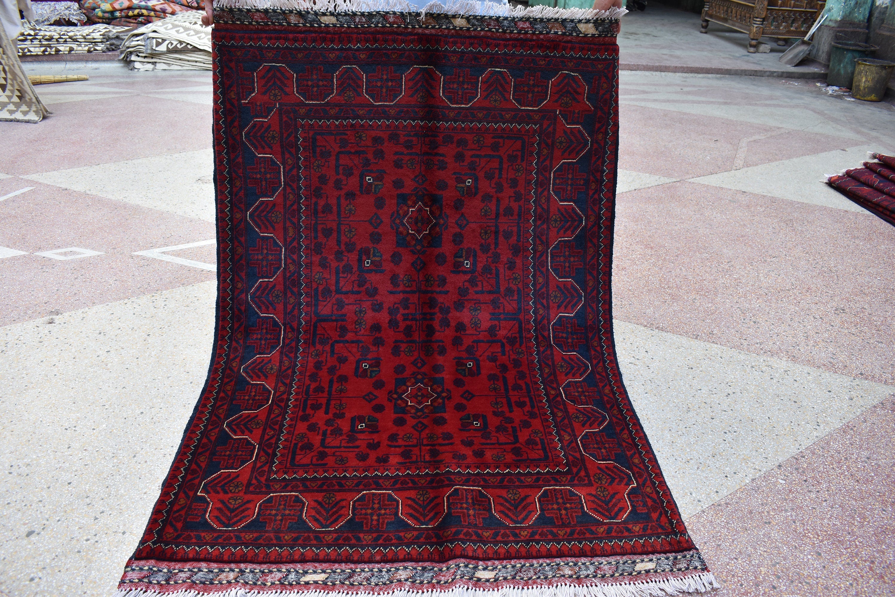 5.1x3.4 Ft Bukhara Rug Turkmen 100% Wool Afghan Veg dyes Handmade Bukhara Pattern Turkmen Oriental Rug, Rug for Bedroom, Office