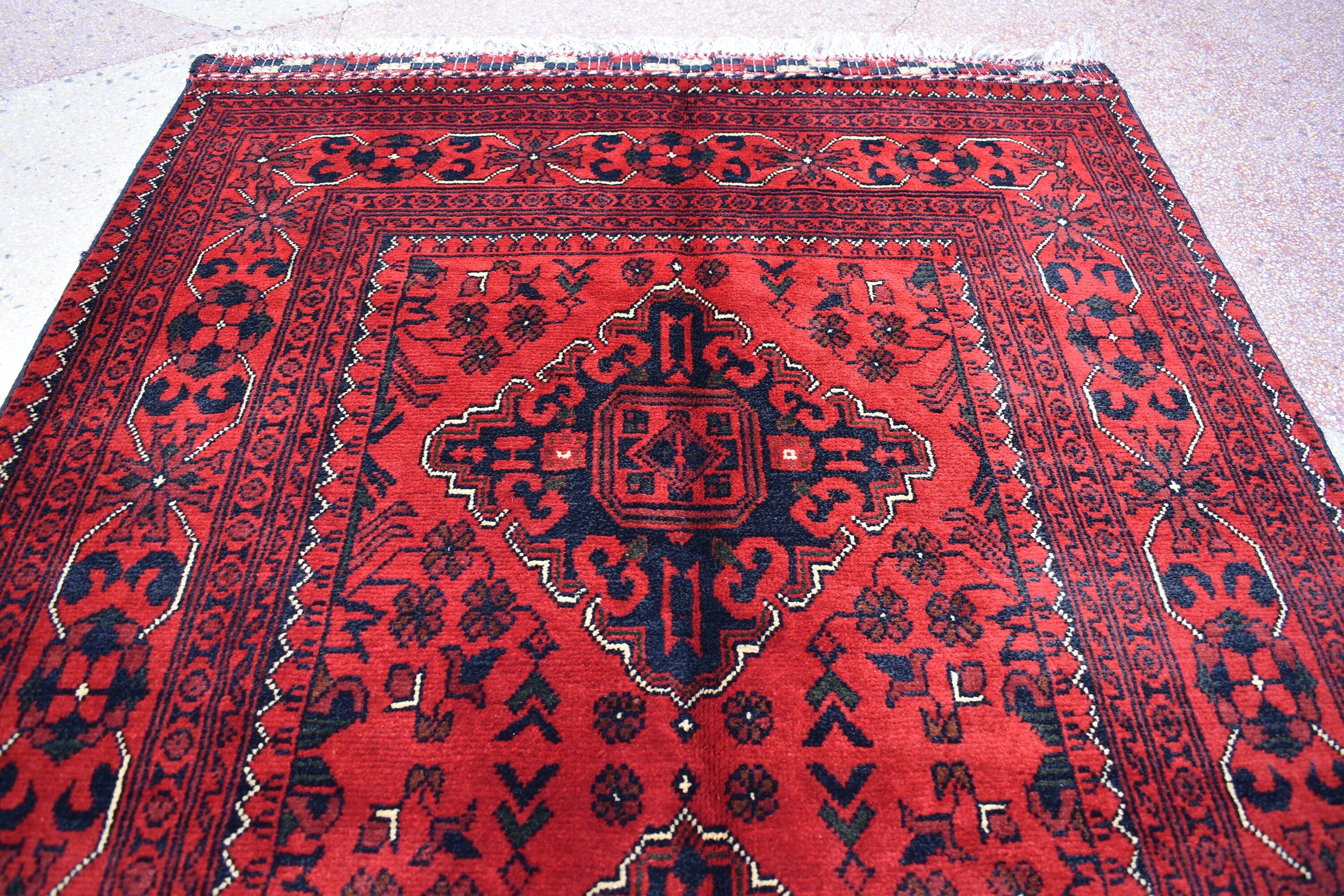 3x5 Afghan Bokhara Rug – Handmade Turkmen Wool Area Rug |Vegetable Dyed Red Oriental Bukhara Pattern Carpet for Home, Wedding Decor 156x99cm