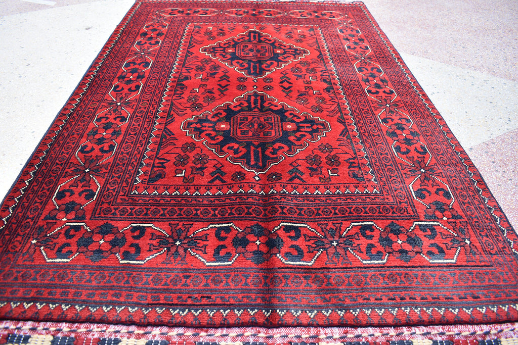 3x5 Afghan Bokhara Rug – Handmade Turkmen Wool Area Rug |Vegetable Dyed Red Oriental Bukhara Pattern Carpet for Home, Wedding Decor 156x99cm