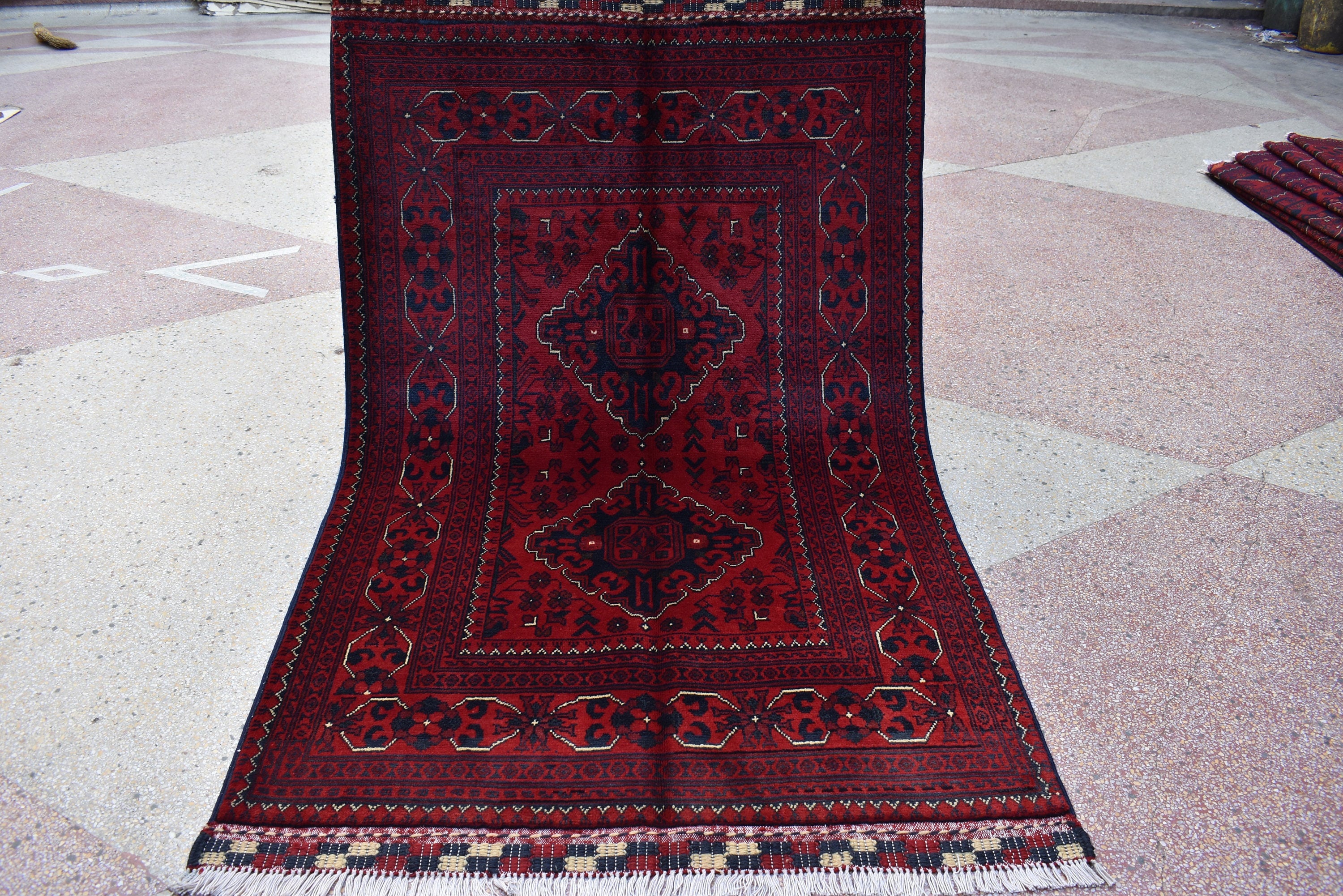3x5 Afghan Bokhara Rug – Handmade Turkmen Wool Area Rug |Vegetable Dyed Red Oriental Bukhara Pattern Carpet for Home, Wedding Decor 156x99cm
