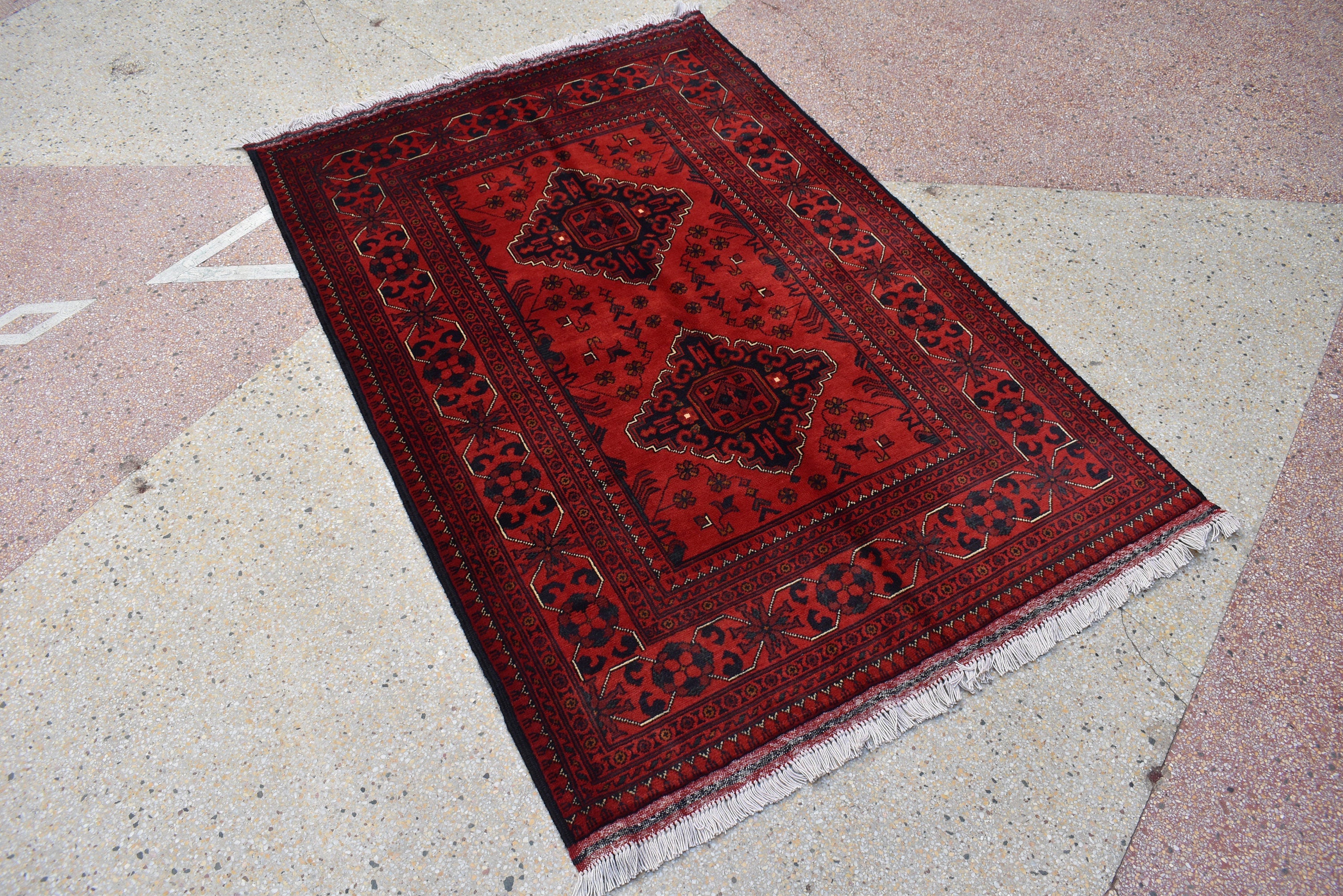 Bokhara Rug – Handmade Afghan Wool Area Rug | Turkmen Bukhara Pattern, Vegetable Dyed Red Oriental Carpet for Home or Wedding Decor 5.3x3.6