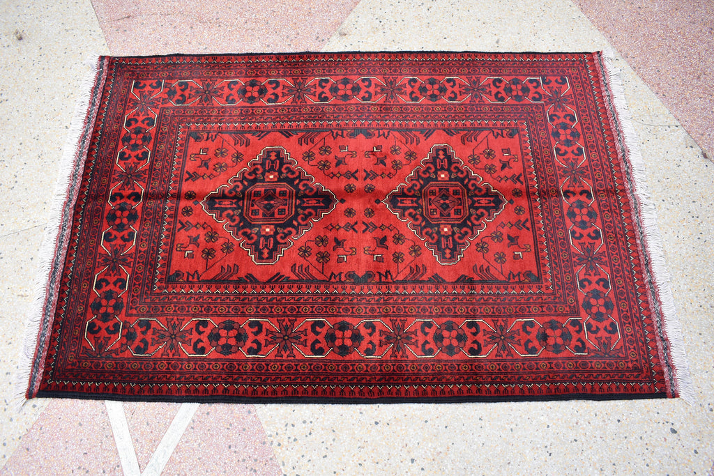 Bokhara Rug – Handmade Afghan Wool Area Rug | Turkmen Bukhara Pattern, Vegetable Dyed Red Oriental Carpet for Home or Wedding Decor 5.3x3.6