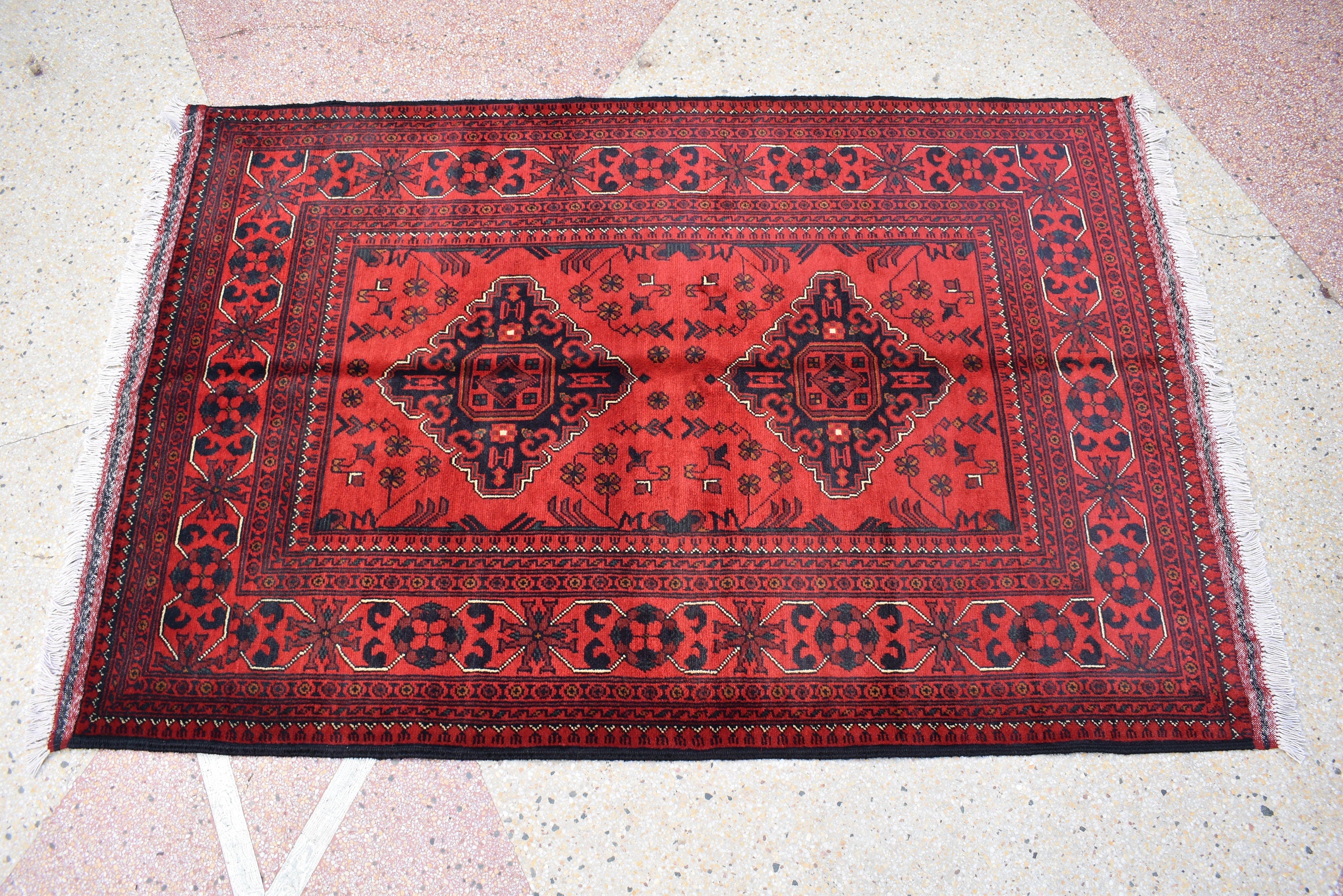 Bokhara Rug – Handmade Afghan Wool Area Rug | Turkmen Bukhara Pattern, Vegetable Dyed Red Oriental Carpet for Home or Wedding Decor 5.3x3.6