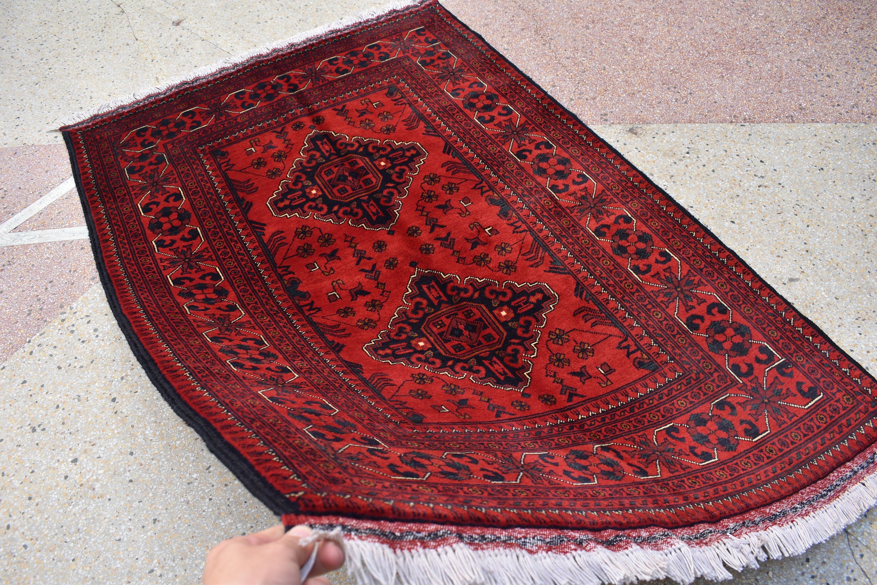 Bokhara Rug – Handmade Afghan Wool Area Rug | Turkmen Bukhara Pattern, Vegetable Dyed Red Oriental Carpet for Home or Wedding Decor 5.3x3.6
