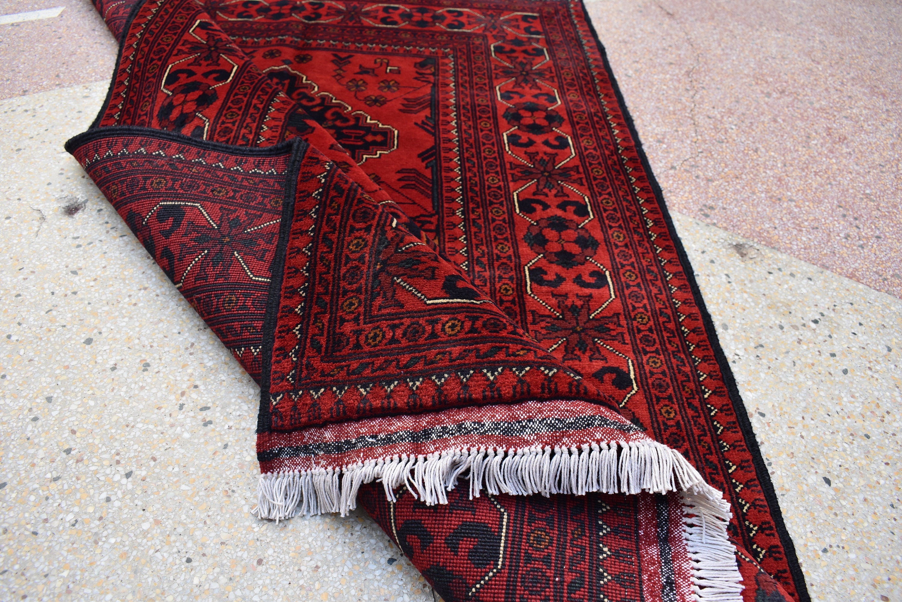Bokhara Rug – Handmade Afghan Wool Area Rug | Turkmen Bukhara Pattern, Vegetable Dyed Red Oriental Carpet for Home or Wedding Decor 5.3x3.6