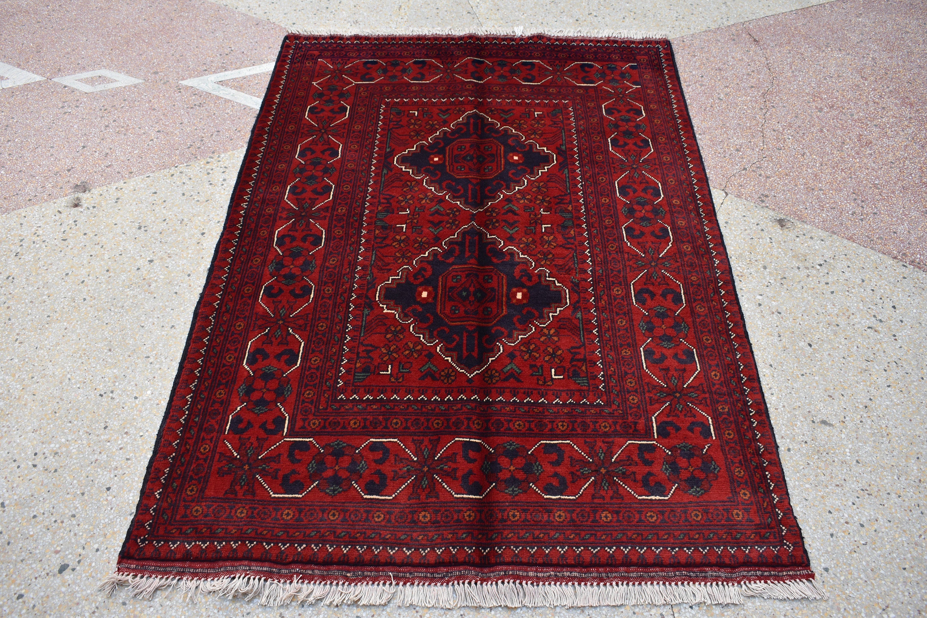 4.10 x 3.4 Ft Bokhara Rug Turkmen 100% Wool Afghan Veg dyes Handmade bukhara Pattern Turkmen Oriental Rug