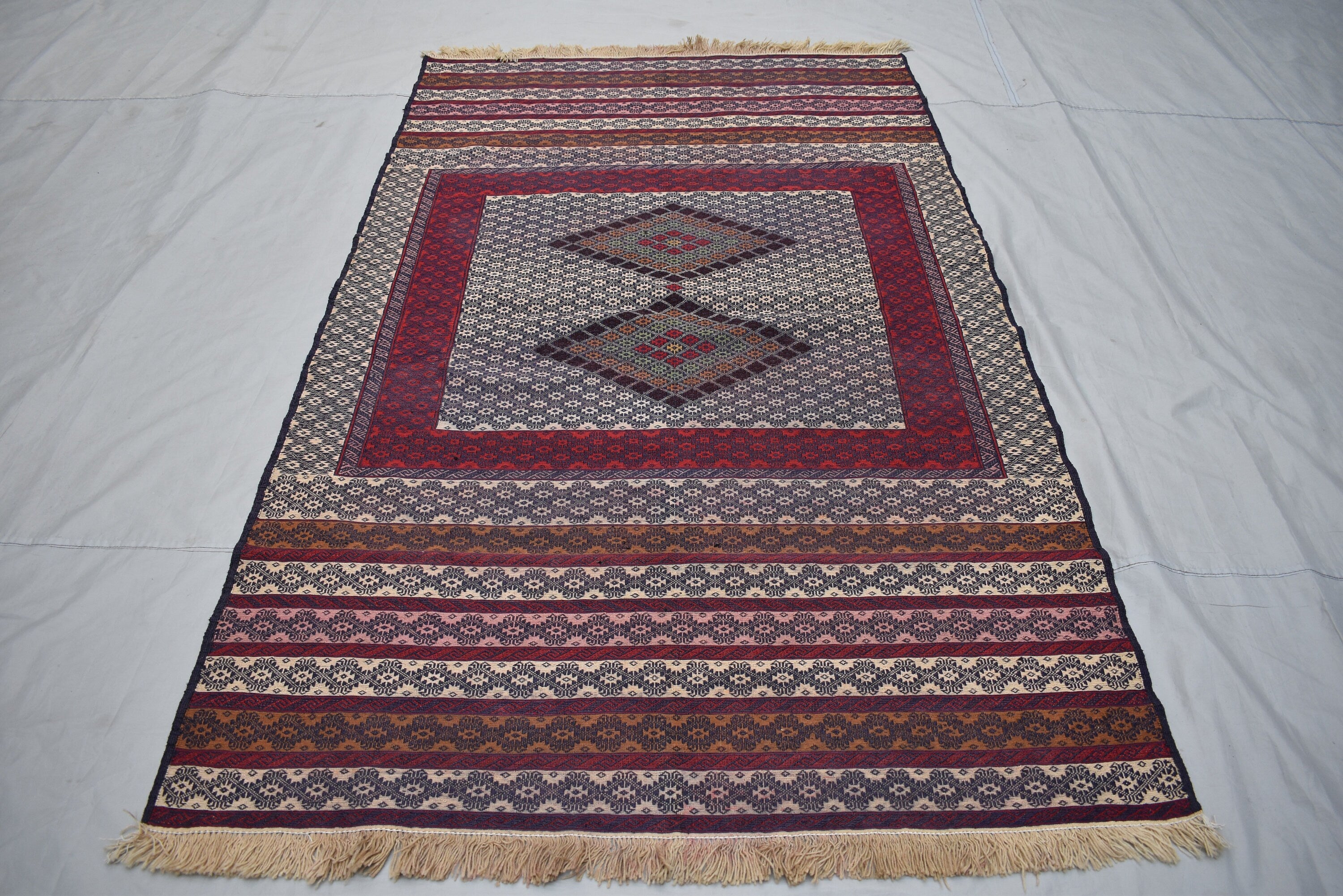 Collectible Rug 7.3 x 4.4 Ft Antique Yamood Sumak Kilim Rug– Handwoven, Authentic Tribal Design, Vintage Home Decor, Living Room Rug