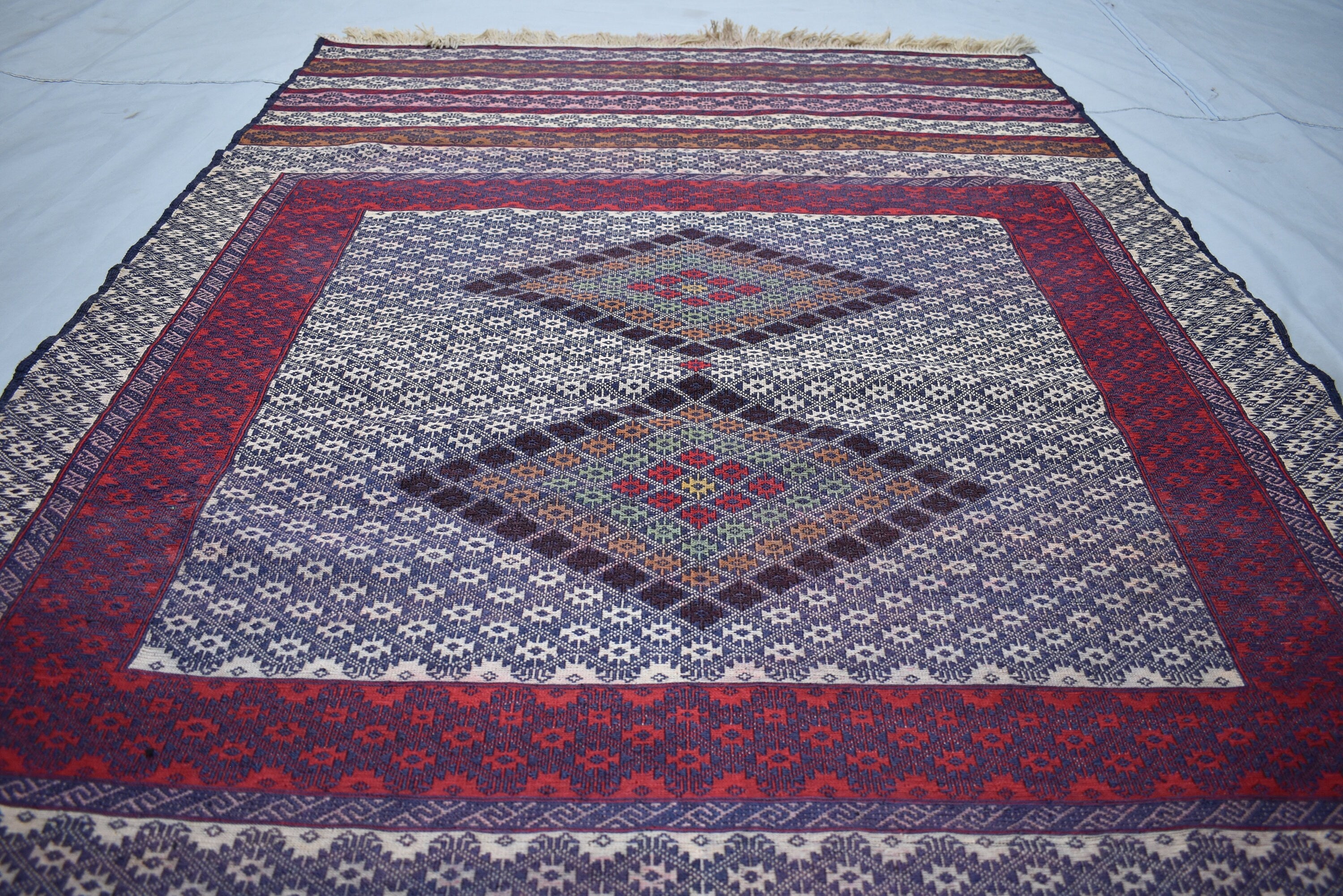 Collectible Rug 7.3 x 4.4 Ft Antique Yamood Sumak Kilim Rug– Handwoven, Authentic Tribal Design, Vintage Home Decor, Living Room Rug