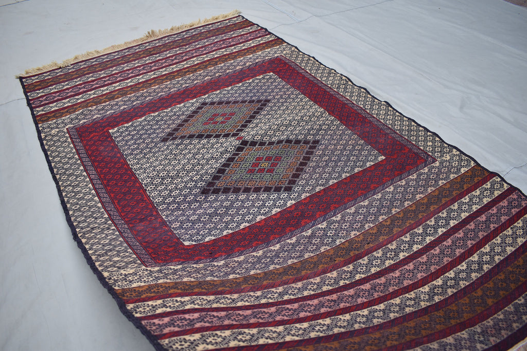 Collectible Rug 7.3 x 4.4 Ft Antique Yamood Sumak Kilim Rug– Handwoven, Authentic Tribal Design, Vintage Home Decor, Living Room Rug