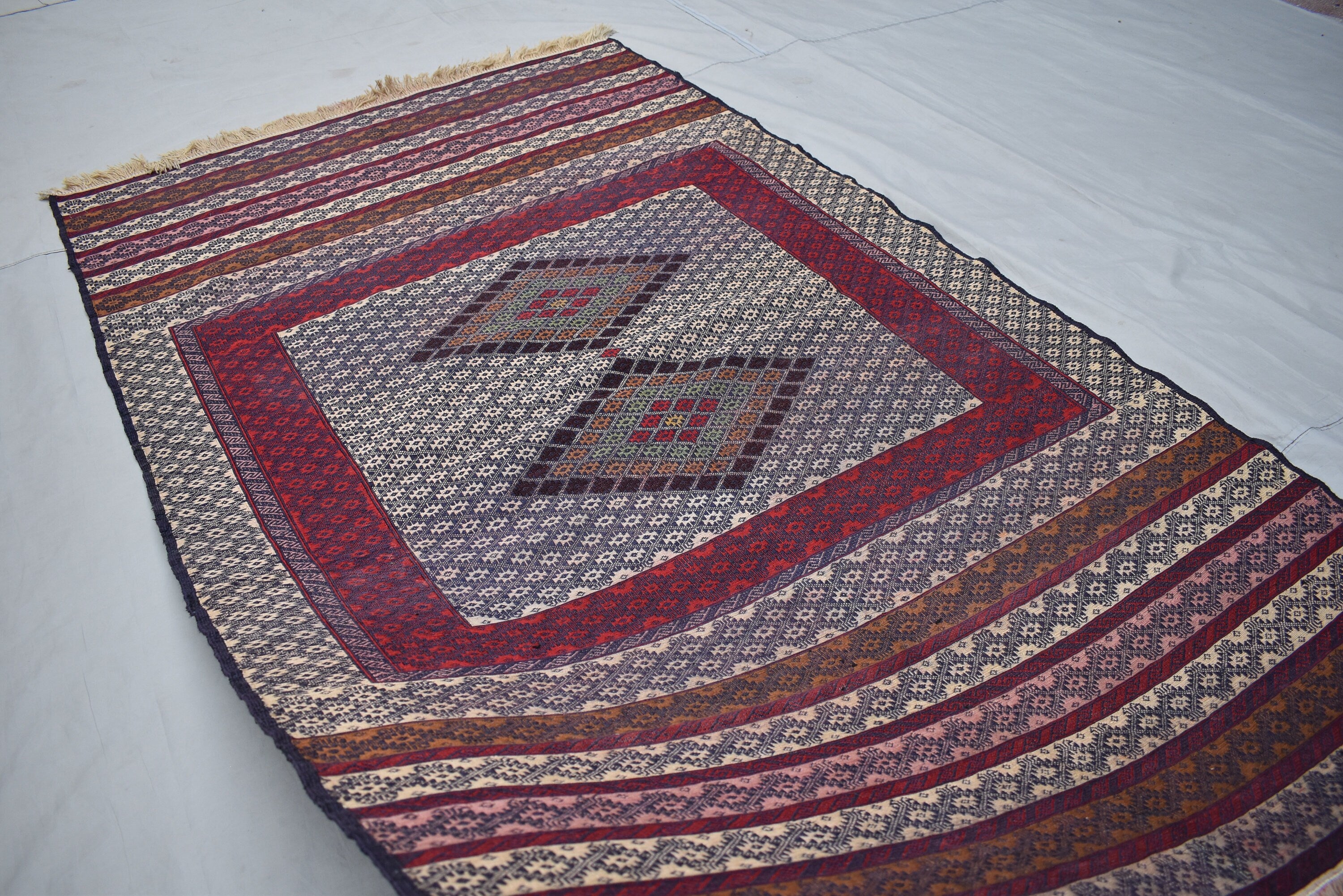 Collectible Rug 7.3 x 4.4 Ft Antique Yamood Sumak Kilim Rug– Handwoven, Authentic Tribal Design, Vintage Home Decor, Living Room Rug