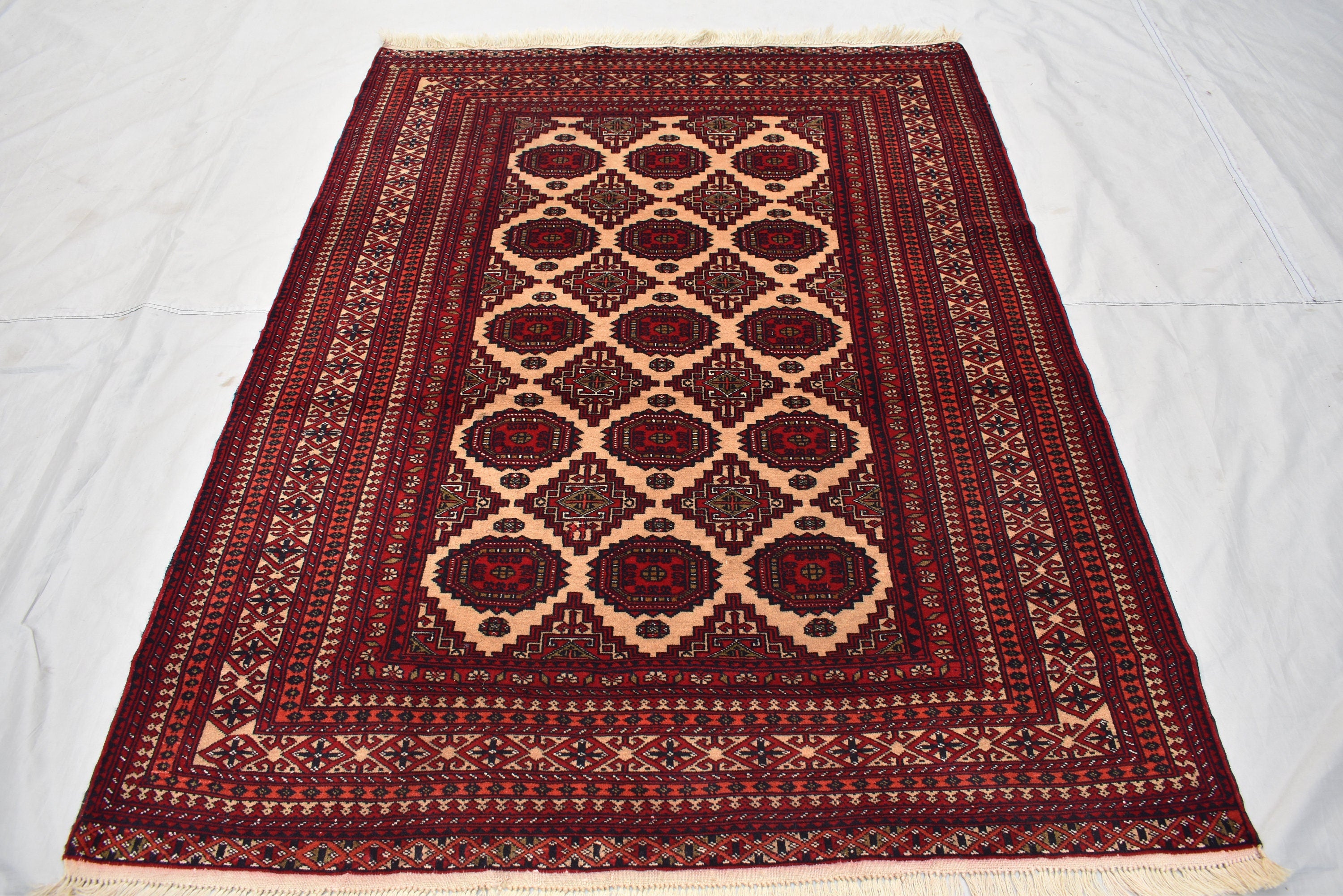 Antique Zahir Shahi Rug – Vintage Afghan Turkman Herati Yamoot Design | Handmade 100% Wool Oriental Rug | 6x4 Living Room Carpet 175x128cm