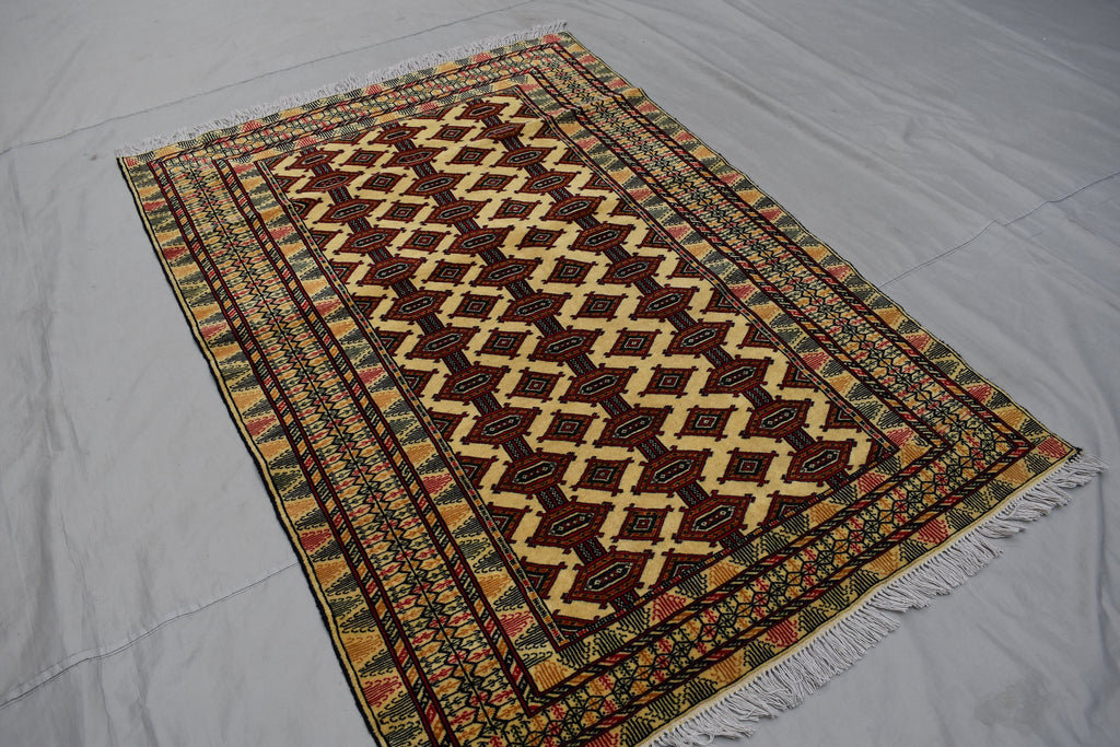 4x6 Beige Vintage Rug, Afghan Hand Knotted Wool Area Rug-Tribal Turkoman Rug-Bukhara Tekke Oriental Rug-Antique Living Room Bedroom Rug
