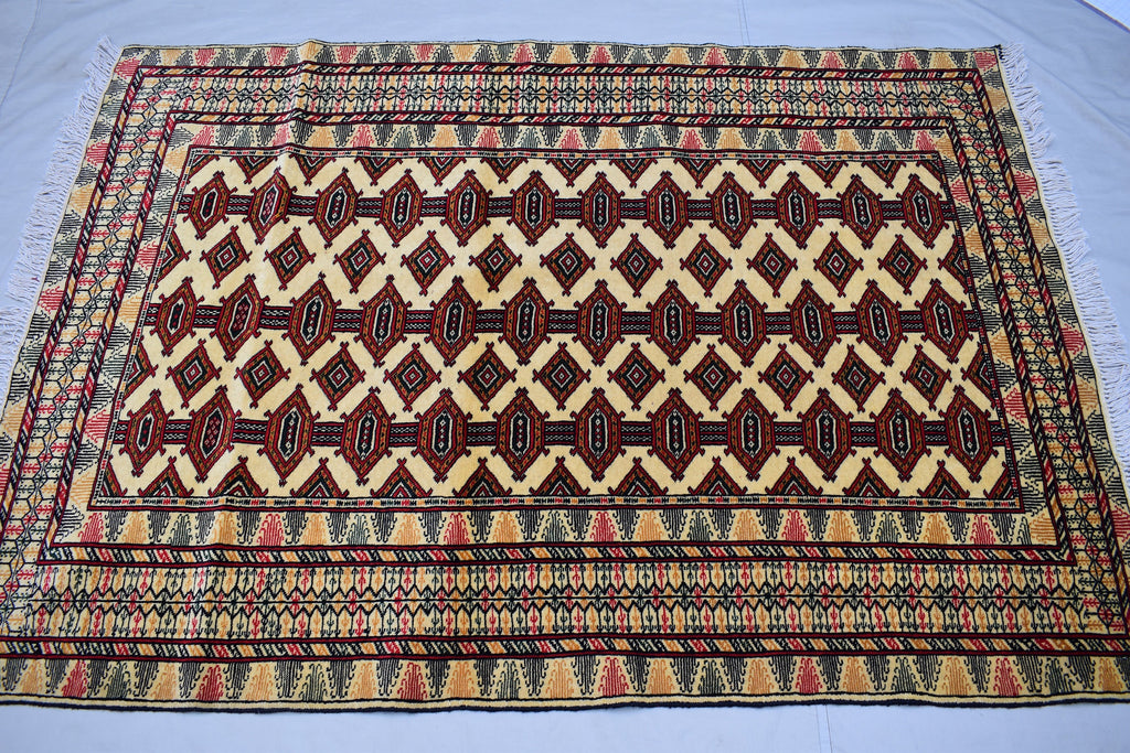 4x6 Beige Vintage Rug, Afghan Hand Knotted Wool Area Rug-Tribal Turkoman Rug-Bukhara Tekke Oriental Rug-Antique Living Room Bedroom Rug