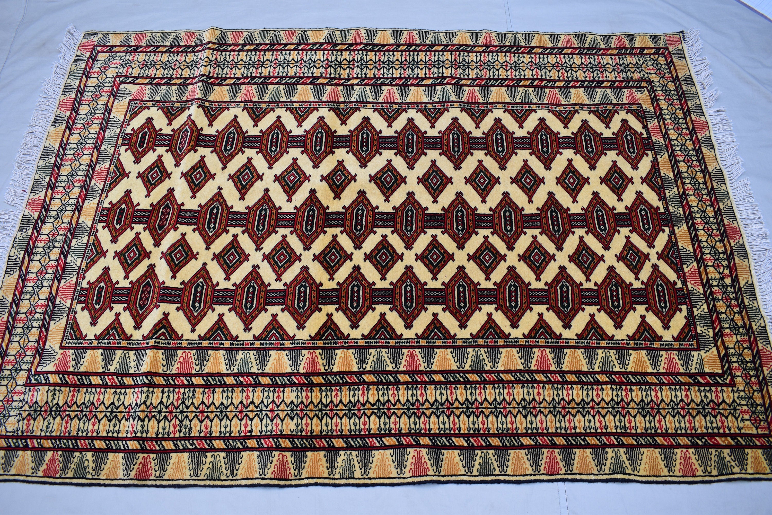 4x6 Beige Vintage Rug, Afghan Hand Knotted Wool Area Rug-Tribal Turkoman Rug-Bukhara Tekke Oriental Rug-Antique Living Room Bedroom Rug