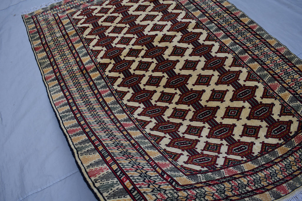 4x6 Beige Vintage Rug, Afghan Hand Knotted Wool Area Rug-Tribal Turkoman Rug-Bukhara Tekke Oriental Rug-Antique Living Room Bedroom Rug