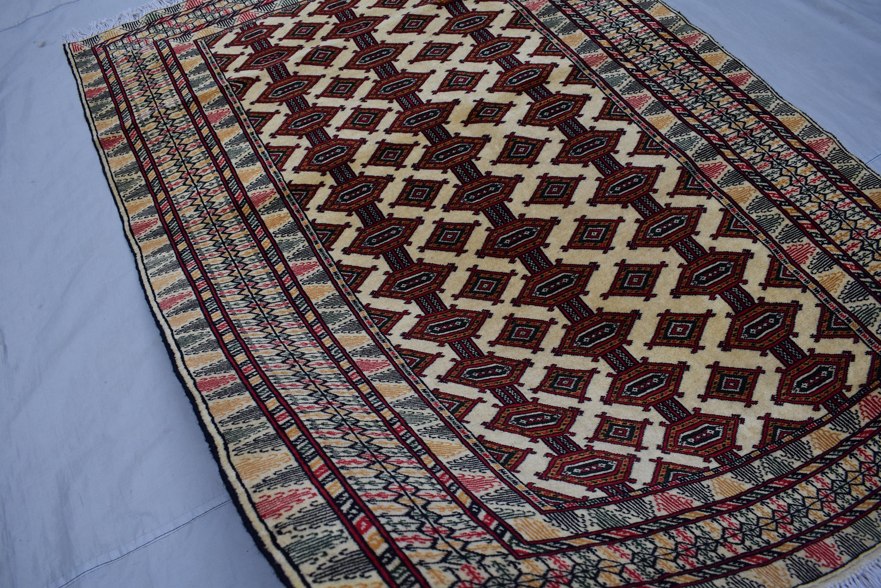 4x6 Beige Vintage Rug, Afghan Hand Knotted Wool Area Rug-Tribal Turkoman Rug-Bukhara Tekke Oriental Rug-Antique Living Room Bedroom Rug