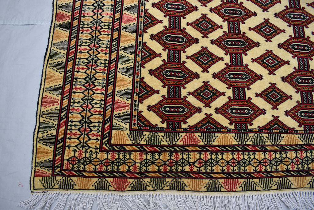 4x6 Beige Vintage Rug, Afghan Hand Knotted Wool Area Rug-Tribal Turkoman Rug-Bukhara Tekke Oriental Rug-Antique Living Room Bedroom Rug