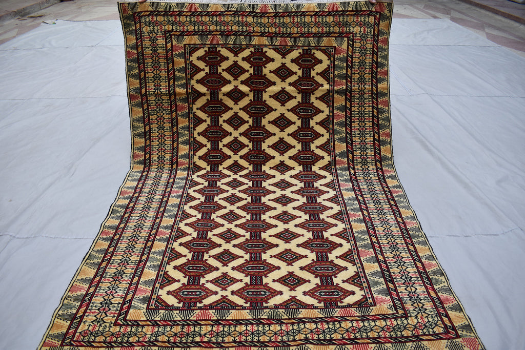 4x6 Beige Vintage Rug, Afghan Hand Knotted Wool Area Rug-Tribal Turkoman Rug-Bukhara Tekke Oriental Rug-Antique Living Room Bedroom Rug