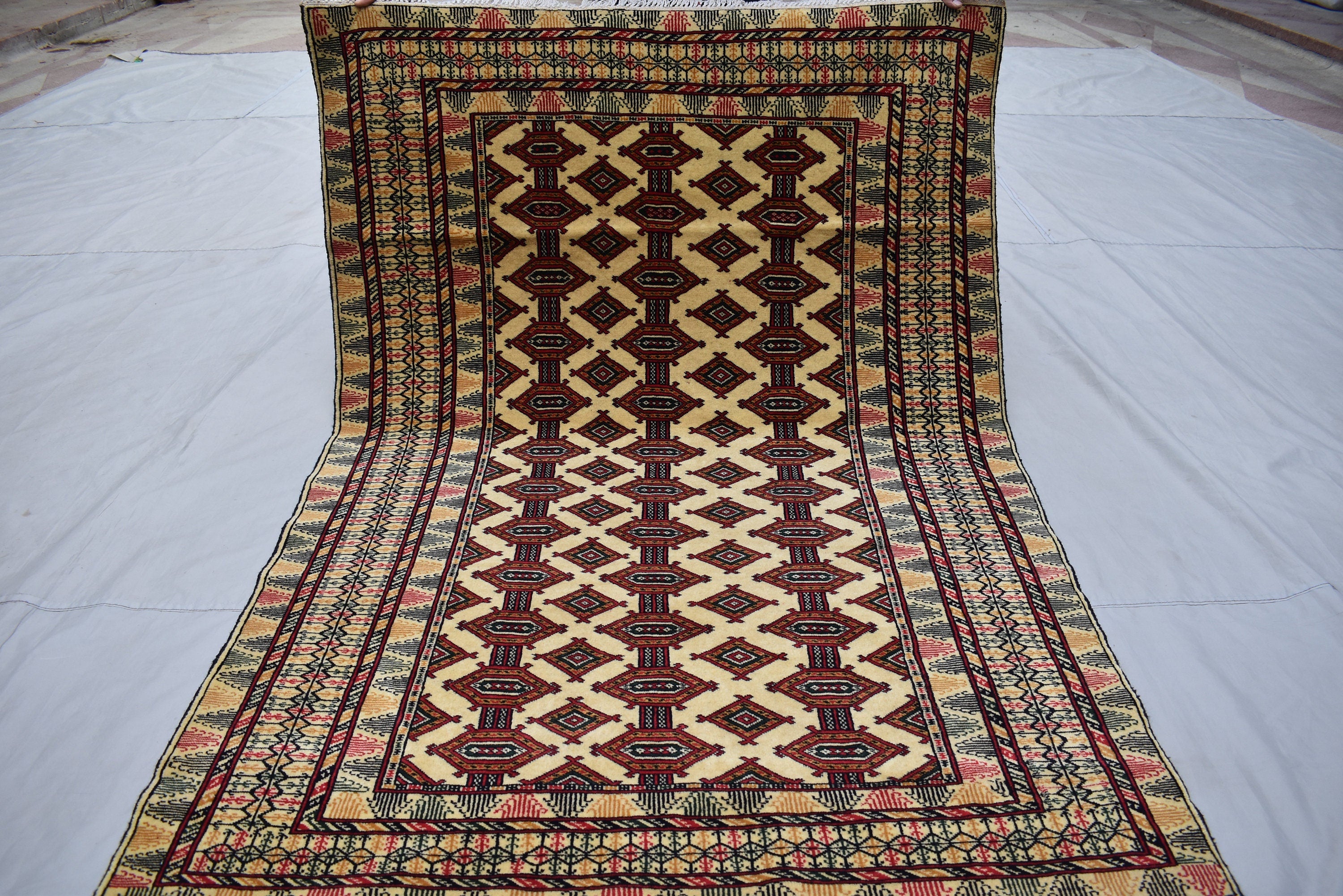 4x6 Beige Vintage Rug, Afghan Hand Knotted Wool Area Rug-Tribal Turkoman Rug-Bukhara Tekke Oriental Rug-Antique Living Room Bedroom Rug