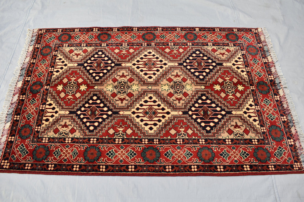 5x3 Burgundy and Beige Afghan Handmade Tribal Handwoven Carpet, Medium Size Rug For Bedroom, Office, Living Room, Eclectic Interiors