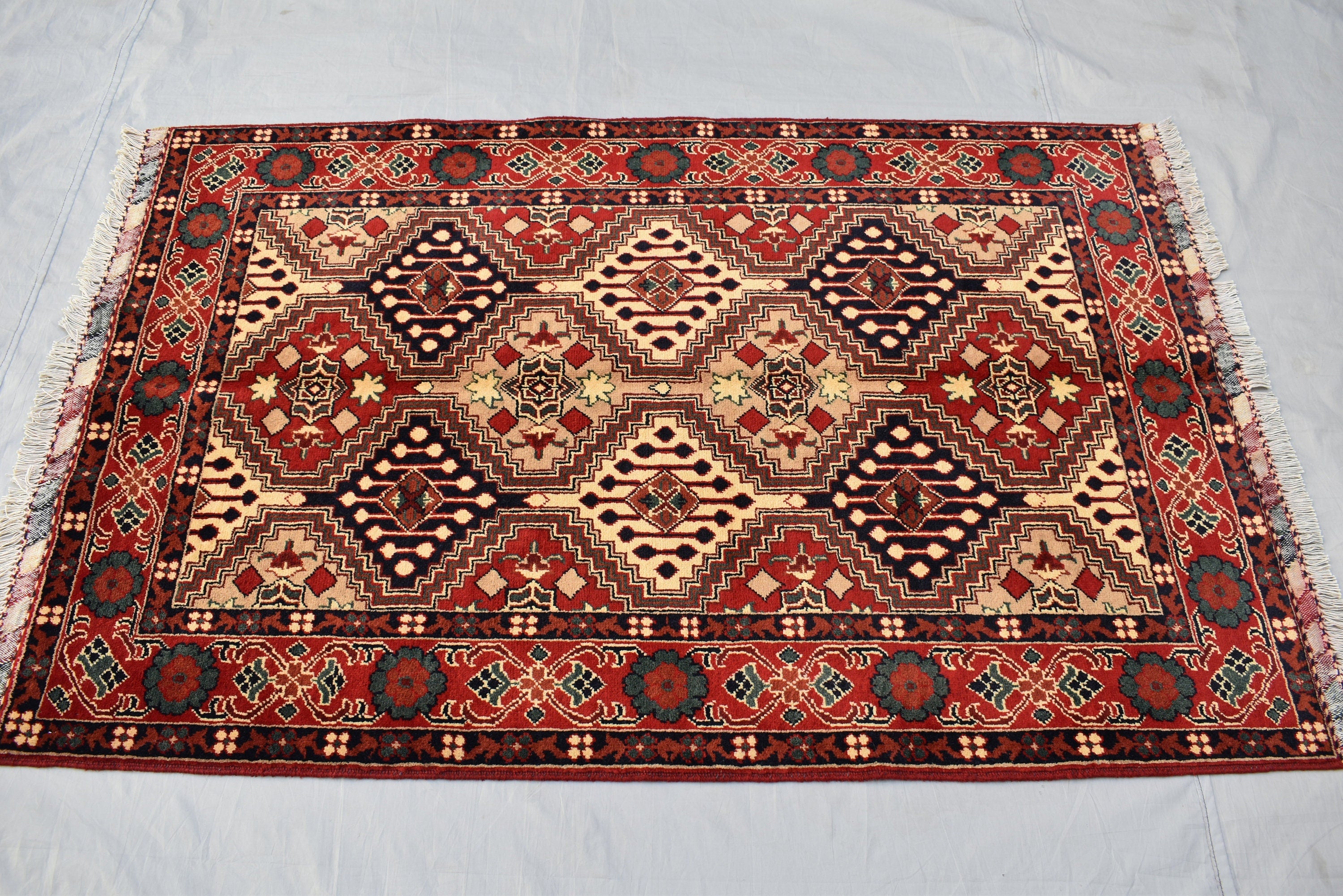 5x3 Burgundy and Beige Afghan Handmade Tribal Handwoven Carpet, Medium Size Rug For Bedroom, Office, Living Room, Eclectic Interiors