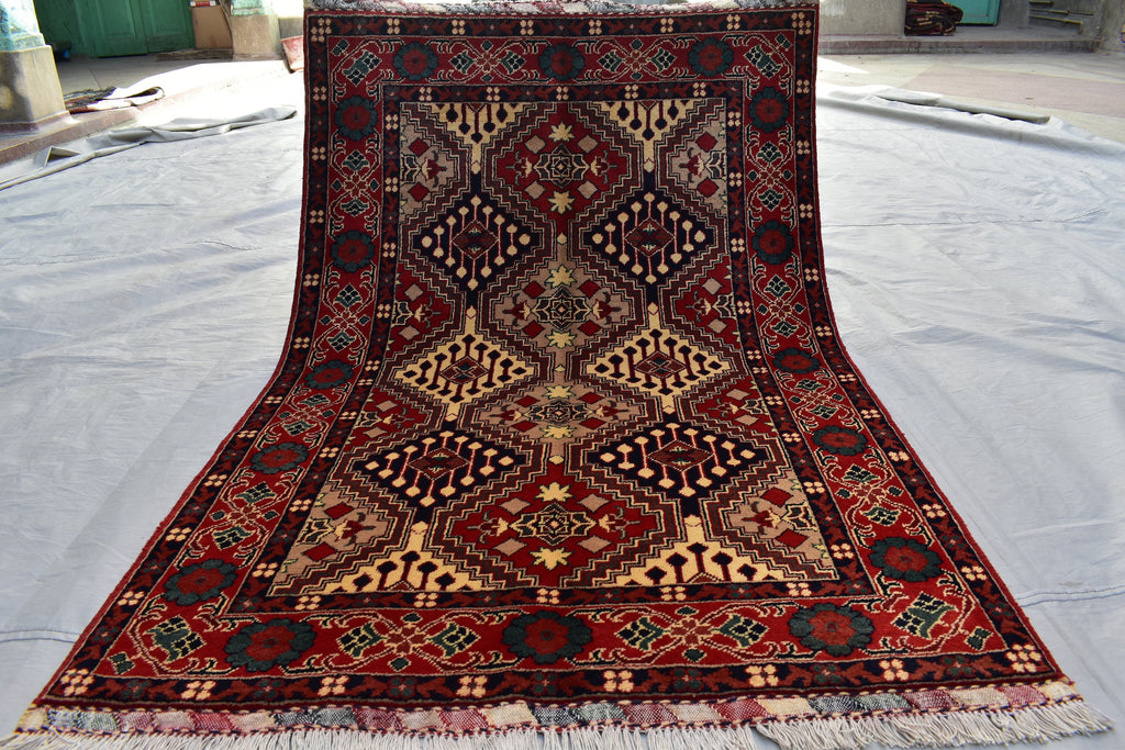5x3 Burgundy and Beige Afghan Handmade Tribal Handwoven Carpet, Medium Size Rug For Bedroom, Office, Living Room, Eclectic Interiors