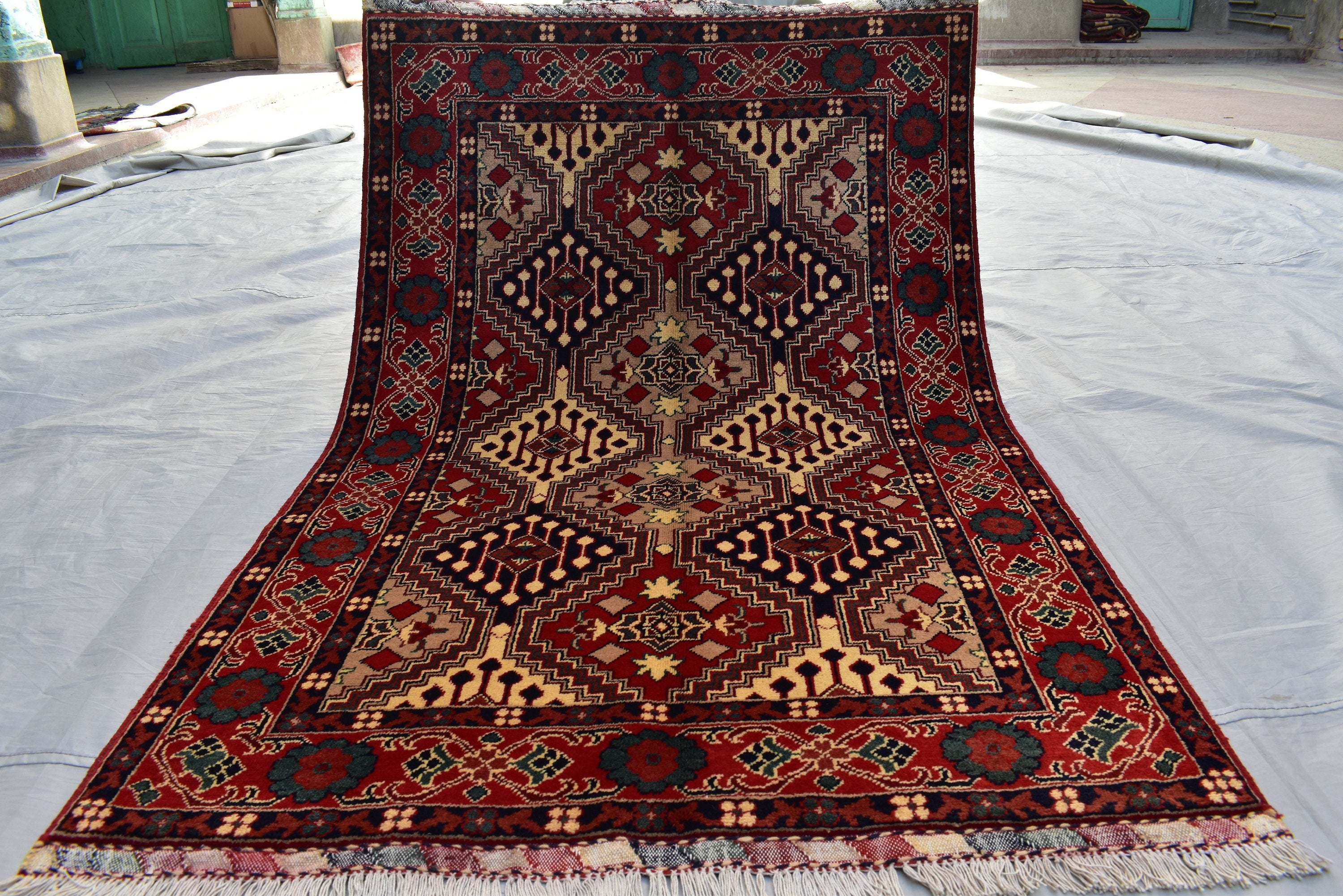 5x3 Burgundy and Beige Afghan Handmade Tribal Handwoven Carpet, Medium Size Rug For Bedroom, Office, Living Room, Eclectic Interiors