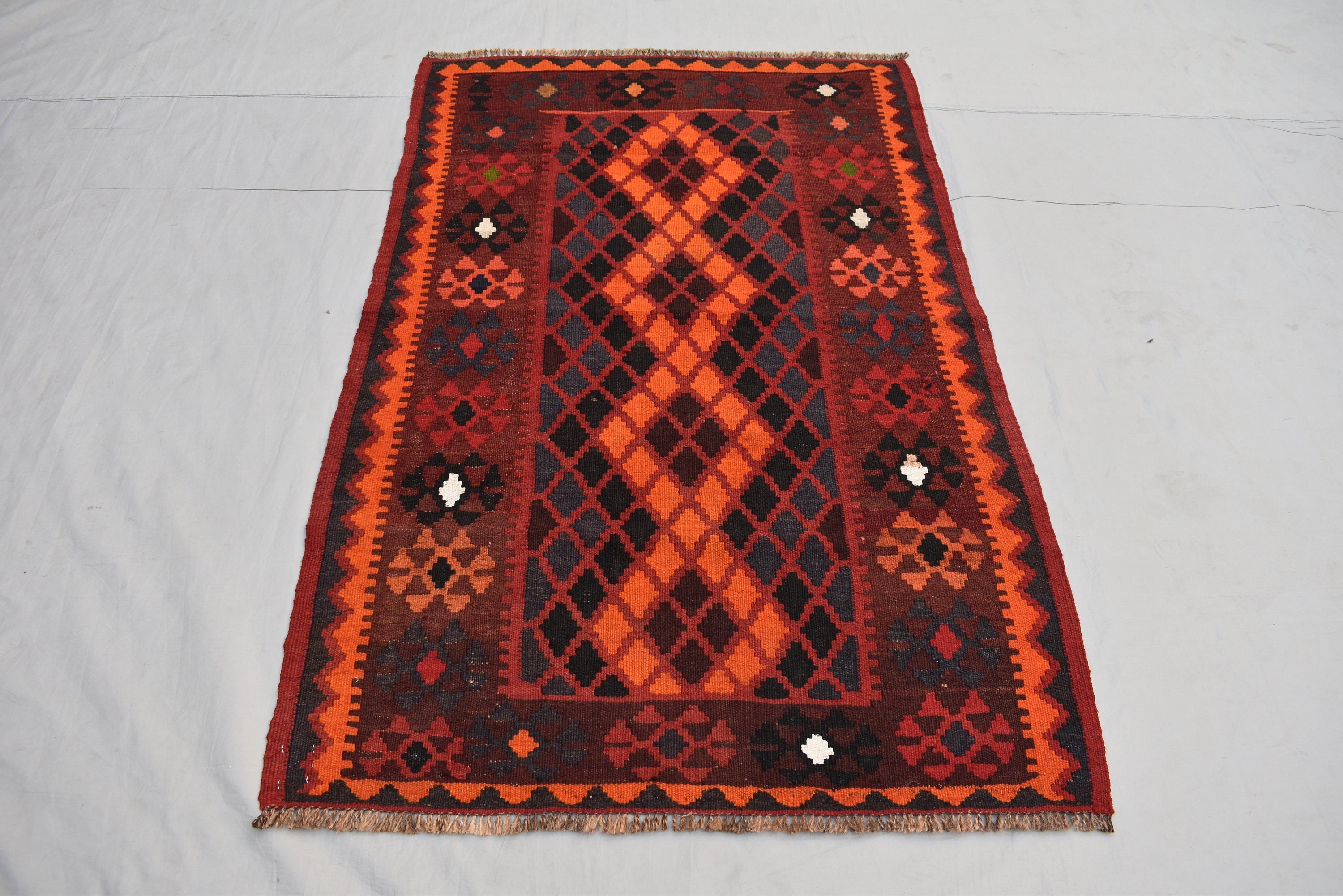 4.9 x 3.1 Ft Geometric Afghan Kilim Rug Afghan Hand Knotted Wool Tribal Antique Turkmen Rug Living Room Rug