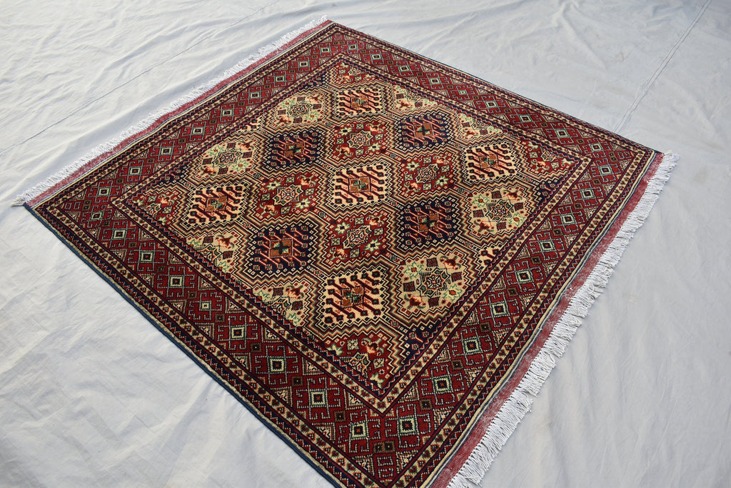 Squair rug 4x5Ft, Top Quality Gorgeous, Handmade Afghan rug, Afghan Turkmen, 100%Wool, Oriental rug, Rug for Living Room, Bedroom Rug