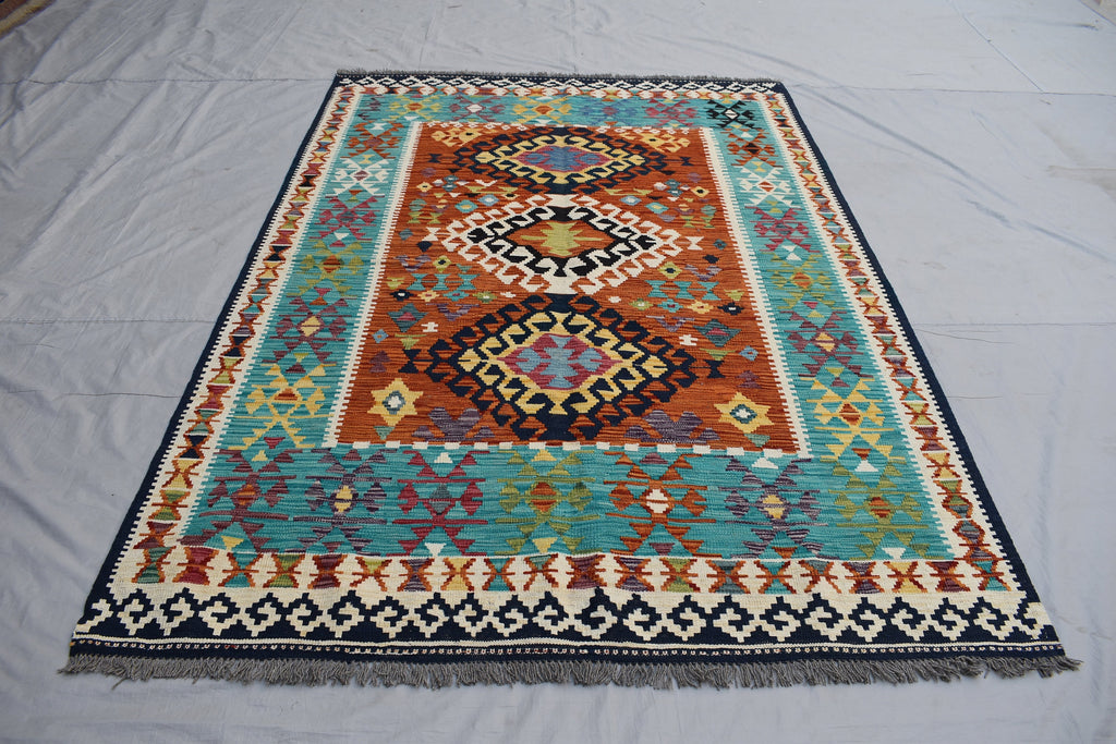 Kilim Area Rug 6x8Ft, Authentic Turkish Style Geometric Kilim Veg dyes Wool Rugs For Living room/ bedroom rug/ Baho Home Decor Rug