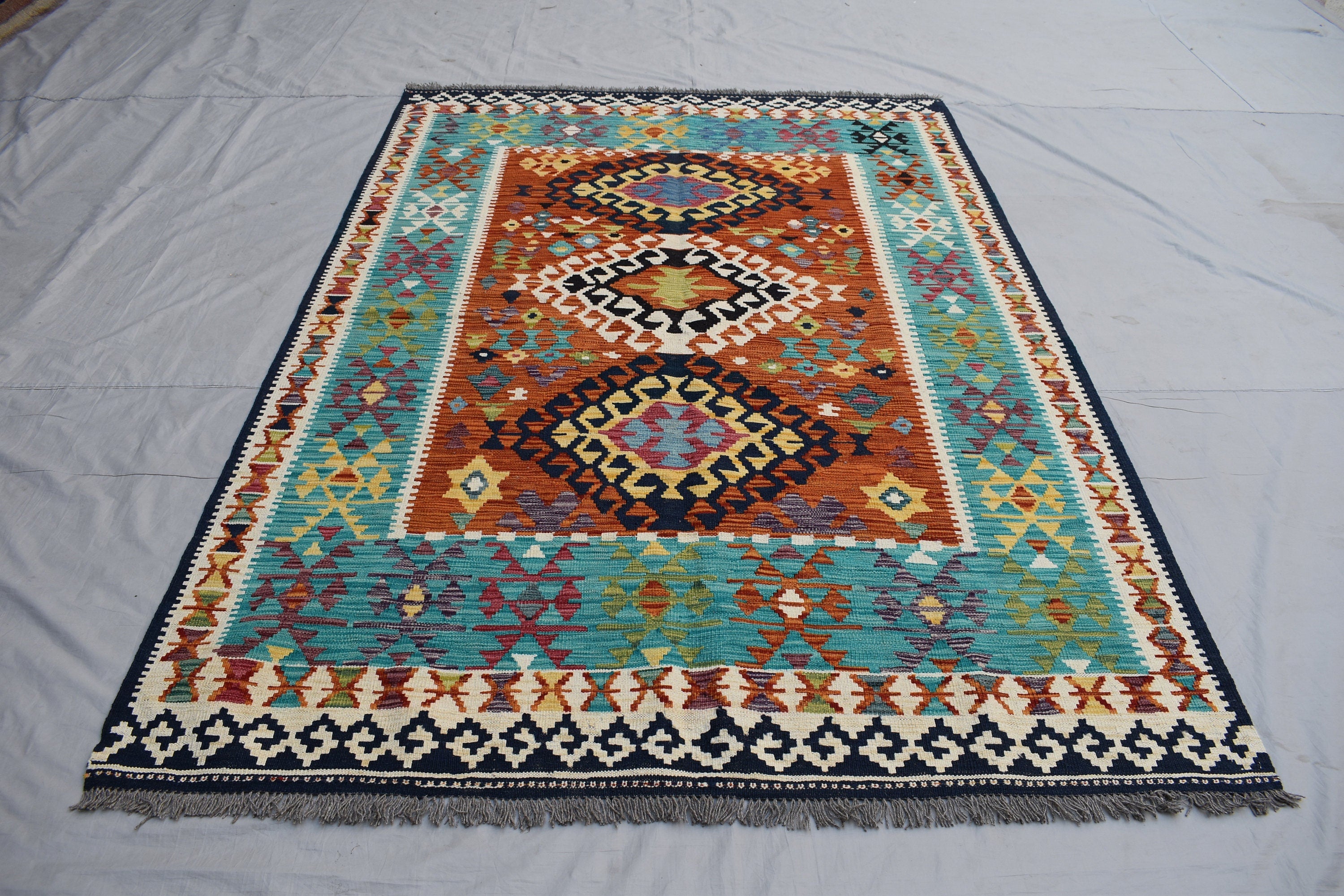 Kilim Area Rug 6x8Ft, Authentic Turkish Style Geometric Kilim Veg dyes Wool Rugs For Living room/ bedroom rug/ Baho Home Decor Rug
