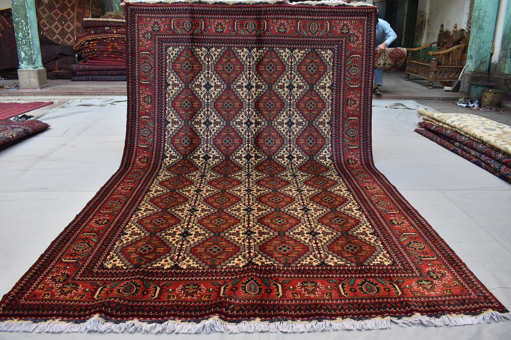 7x10 Handmade Large Maranus Afghan Rug–Orange & Bronze Tribal Design, Premium Wool, Oversized Floor Carpet, Boho Chic Home Decor 6.6x10.2 ft