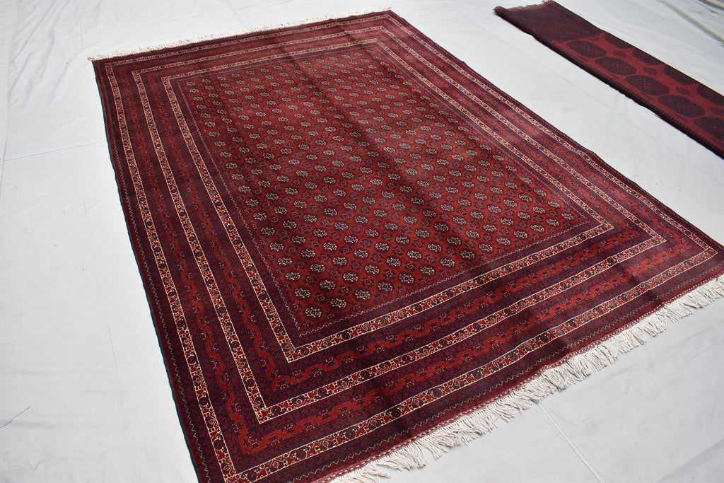 7x9 Turkmen Large Area Rug, Afghan Handmade Mawrai Gul Design Red Rug, Vintage Oriental Rug, Living Room, 289x205 Dinning Table Carpet
