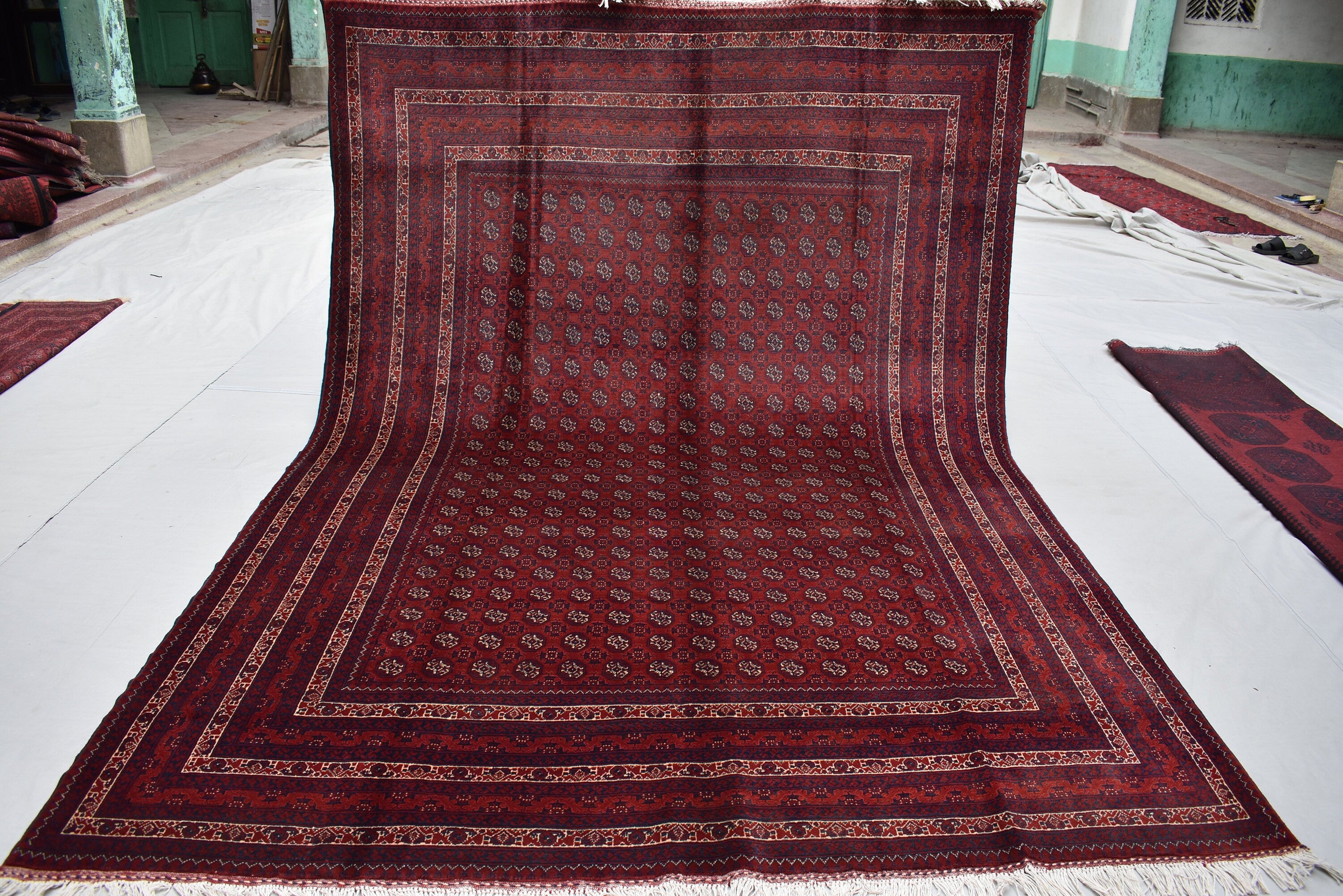 7x9 Turkmen Large Area Rug, Afghan Handmade Mawrai Gul Design Red Rug, Vintage Oriental Rug, Living Room, 289x205 Dinning Table Carpet