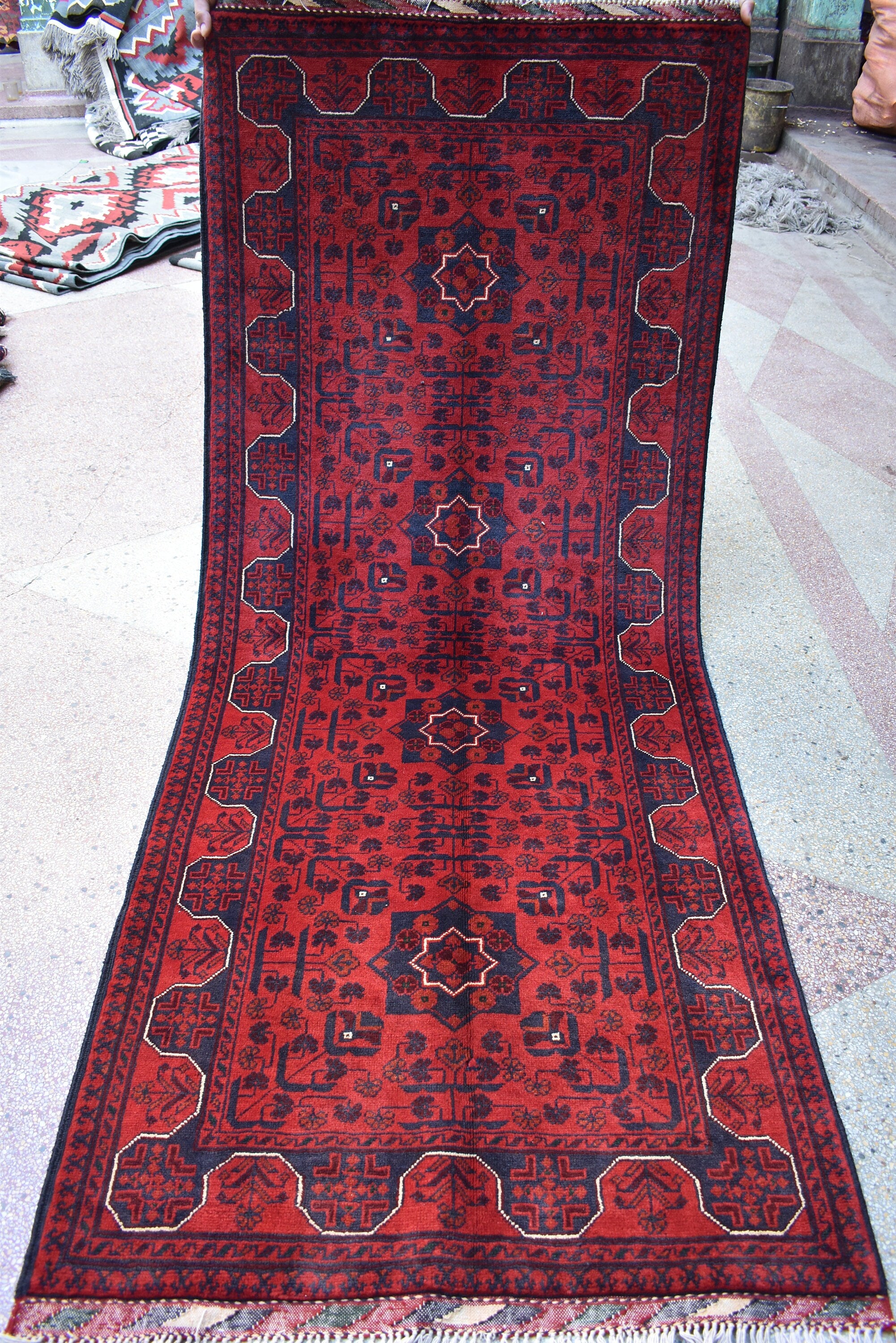 7ft Runner Handwoven Bukhara Afghan Tribal Wool Hallway Runner, Rich Red and Blue Rug, Rug for Entryway, Corridor Rug, Stair Rug 6.9x2.10 ft