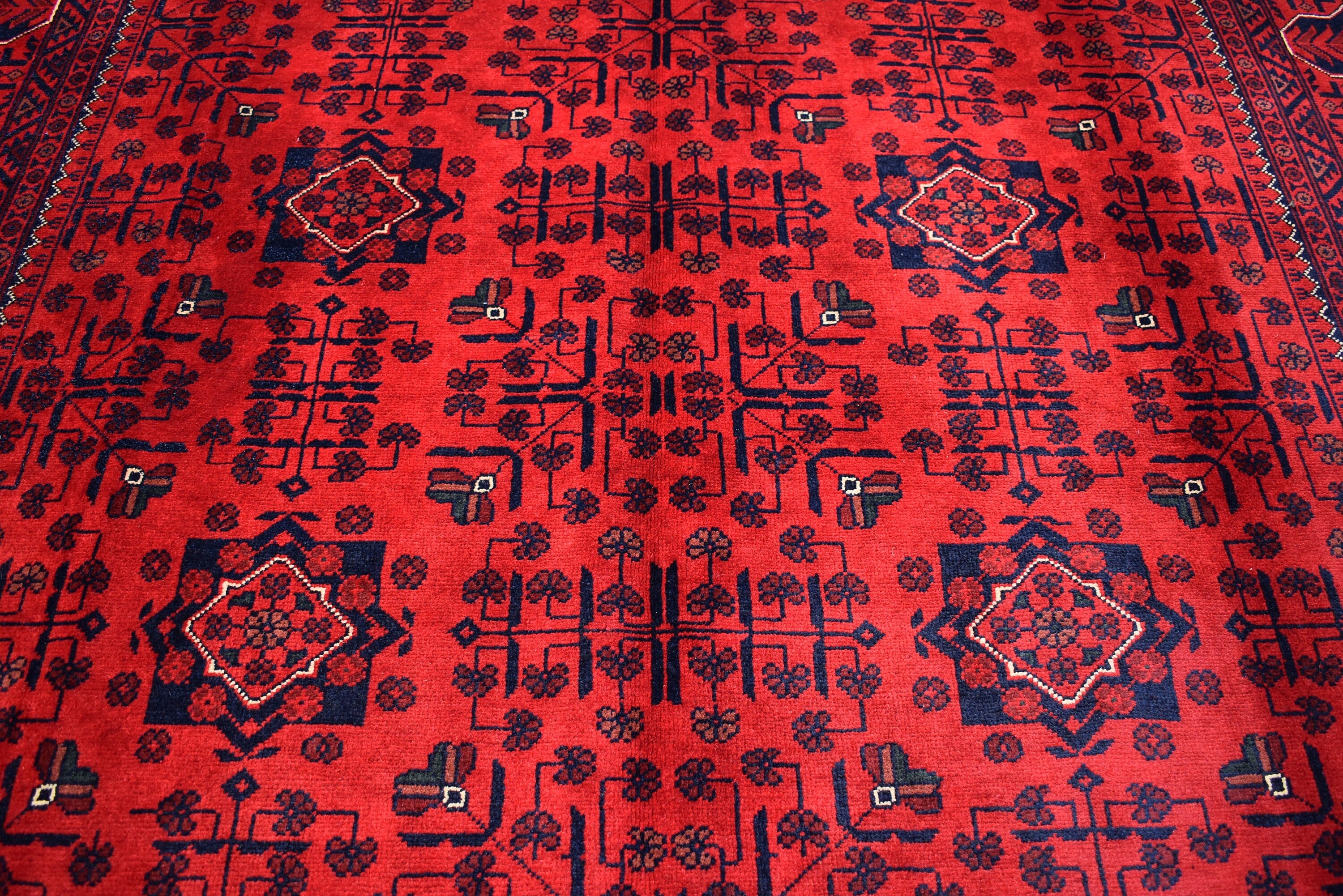 6x8 Rug Afghan Tribal Red Bukhara Handmade Wool Area Rug, Oriental Carpet, Vintage Style Living Room, Decor, Boho Floor Mat, Medium Rug