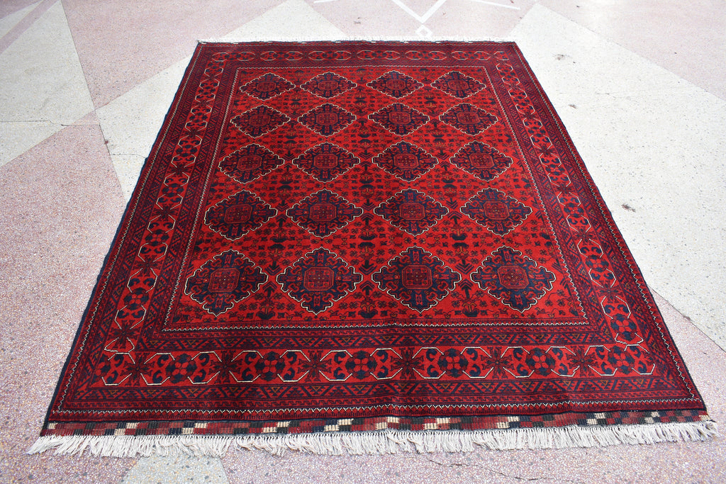 6x8 Handcrafted Bukhara Rug - Rich Red and Blue Design, Traditional Wool, 7.11x6 ft, Handmade, Elegant, High-Quality, Rug for Living Room