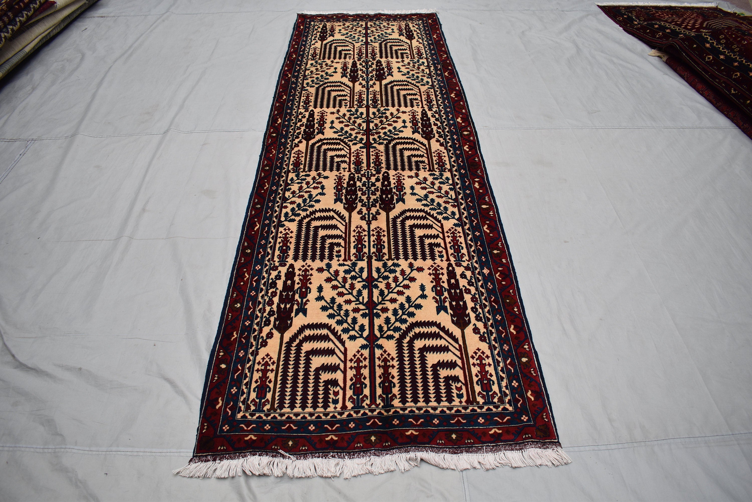 9.7 x 2.10 Ft Afghan Tree Of Life Hallway Rug Bokhara Beljik Corridor Runner Rug Turkmen Handmade Runner Wool Rug Vintage Runner Rug
