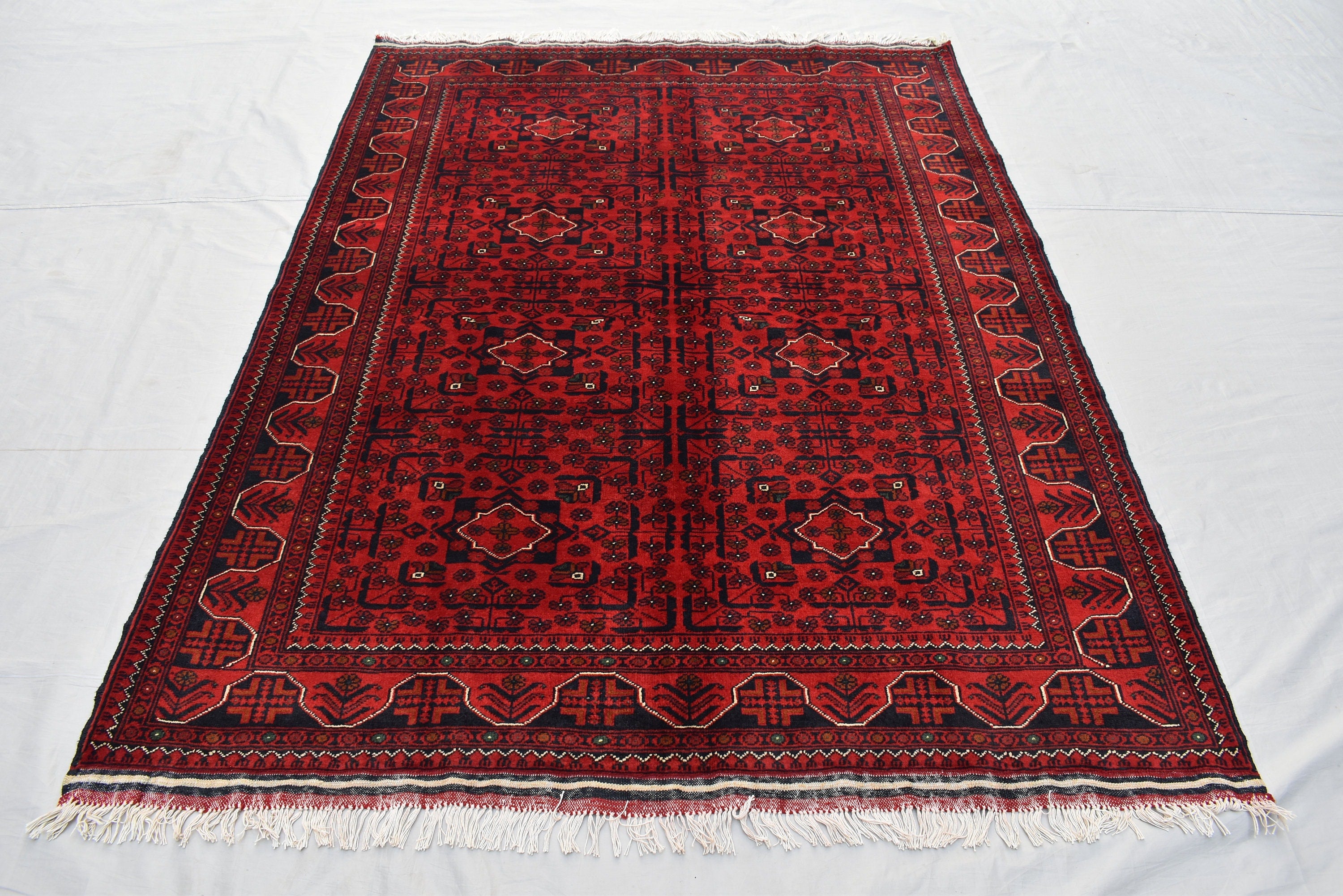 5x7 Afghan Bukhara Rug – Hand-Knotted Wool Pile Carpet – Red Oriental Area Rug–Traditional Afghan Decor – Vintage Style Floor Rug 200x147 cm