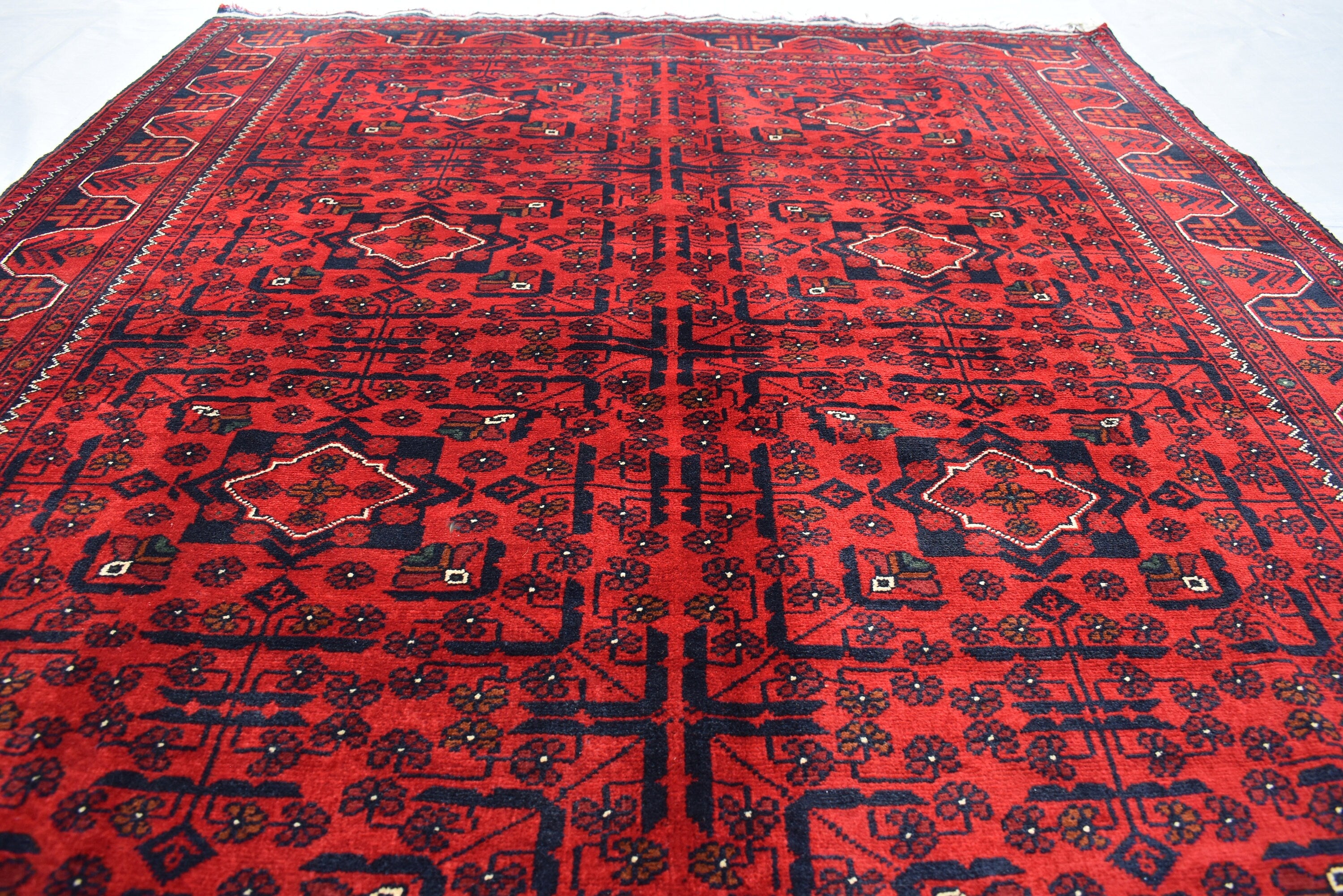 5x7 Afghan Bukhara Rug – Hand-Knotted Wool Pile Carpet – Red Oriental Area Rug–Traditional Afghan Decor – Vintage Style Floor Rug 200x147 cm