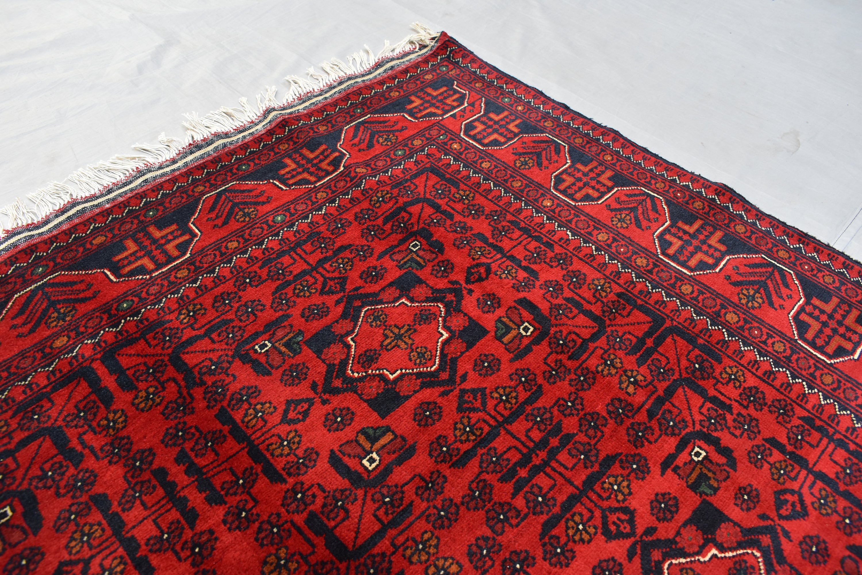 5x7 Afghan Bukhara Rug – Hand-Knotted Wool Pile Carpet – Red Oriental Area Rug–Traditional Afghan Decor – Vintage Style Floor Rug 200x147 cm