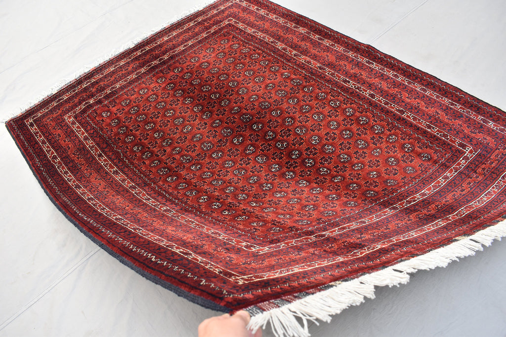 5x6ft, Hoja Roshnai Afghan Rug –Turkmen Hand-Knotted Wool Tribal Carpet–Red & Navy Oriental Area Rug–Traditional Afghan Home Decor 195x154cm