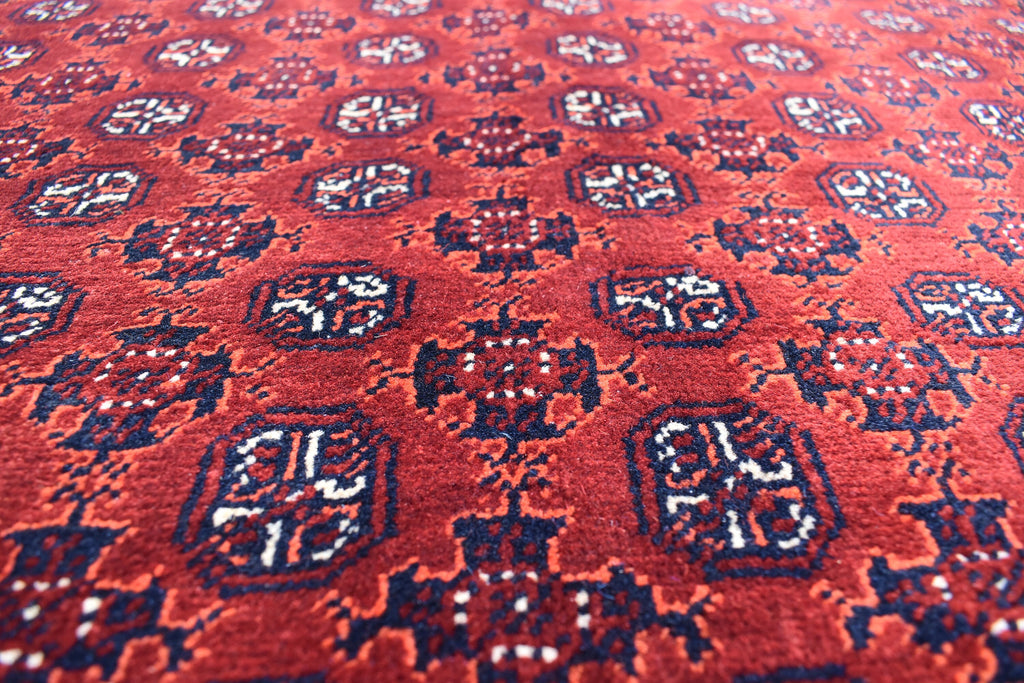 5x6ft, Hoja Roshnai Afghan Rug –Turkmen Hand-Knotted Wool Tribal Carpet–Red & Navy Oriental Area Rug–Traditional Afghan Home Decor 195x154cm