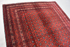 5x6ft, Hoja Roshnai Afghan Rug –Turkmen Hand-Knotted Wool Tribal Carpet–Red & Navy Oriental Area Rug–Traditional Afghan Home Decor 195x154cm