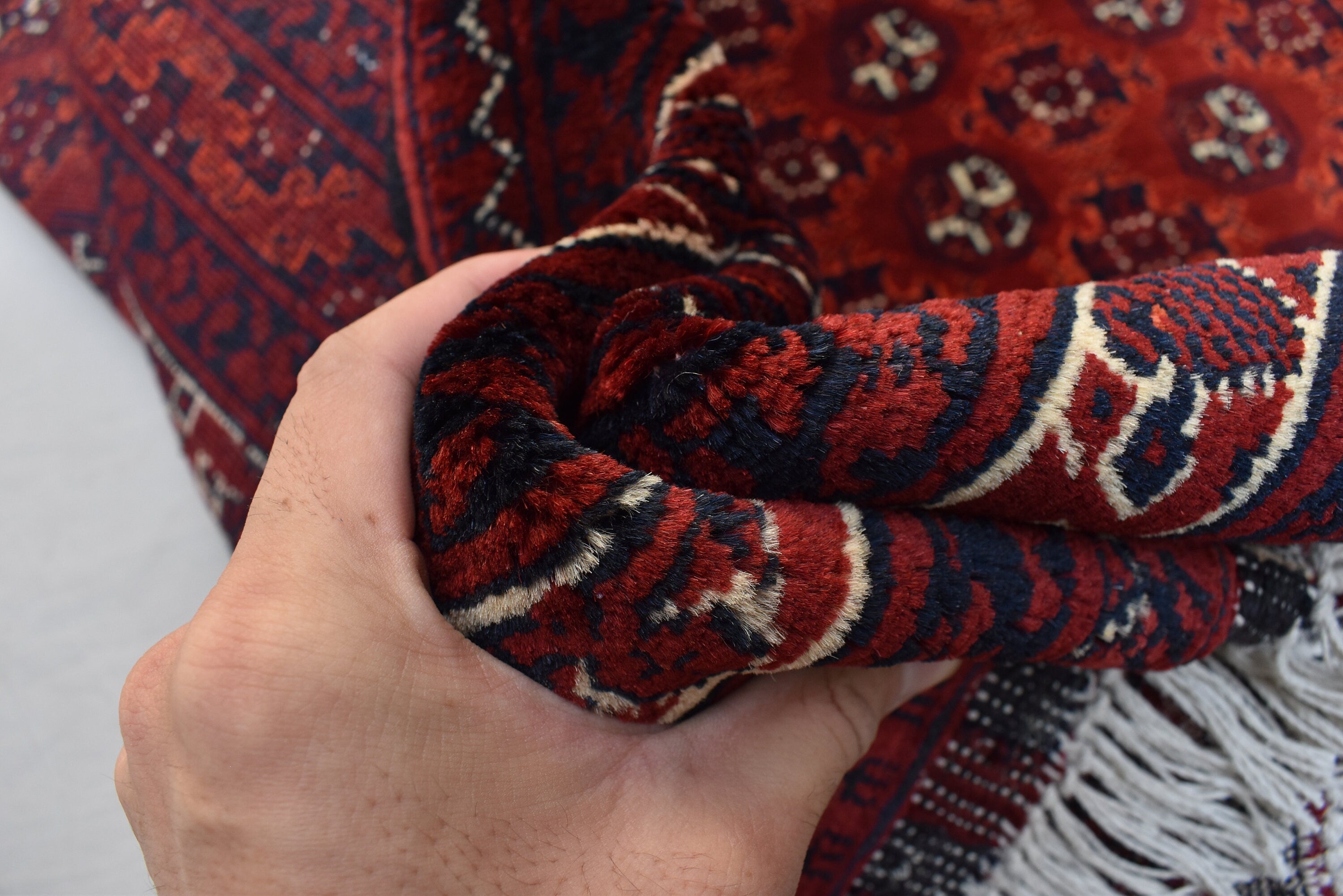 5x6ft, Hoja Roshnai Afghan Rug –Turkmen Hand-Knotted Wool Tribal Carpet–Red & Navy Oriental Area Rug–Traditional Afghan Home Decor 195x154cm