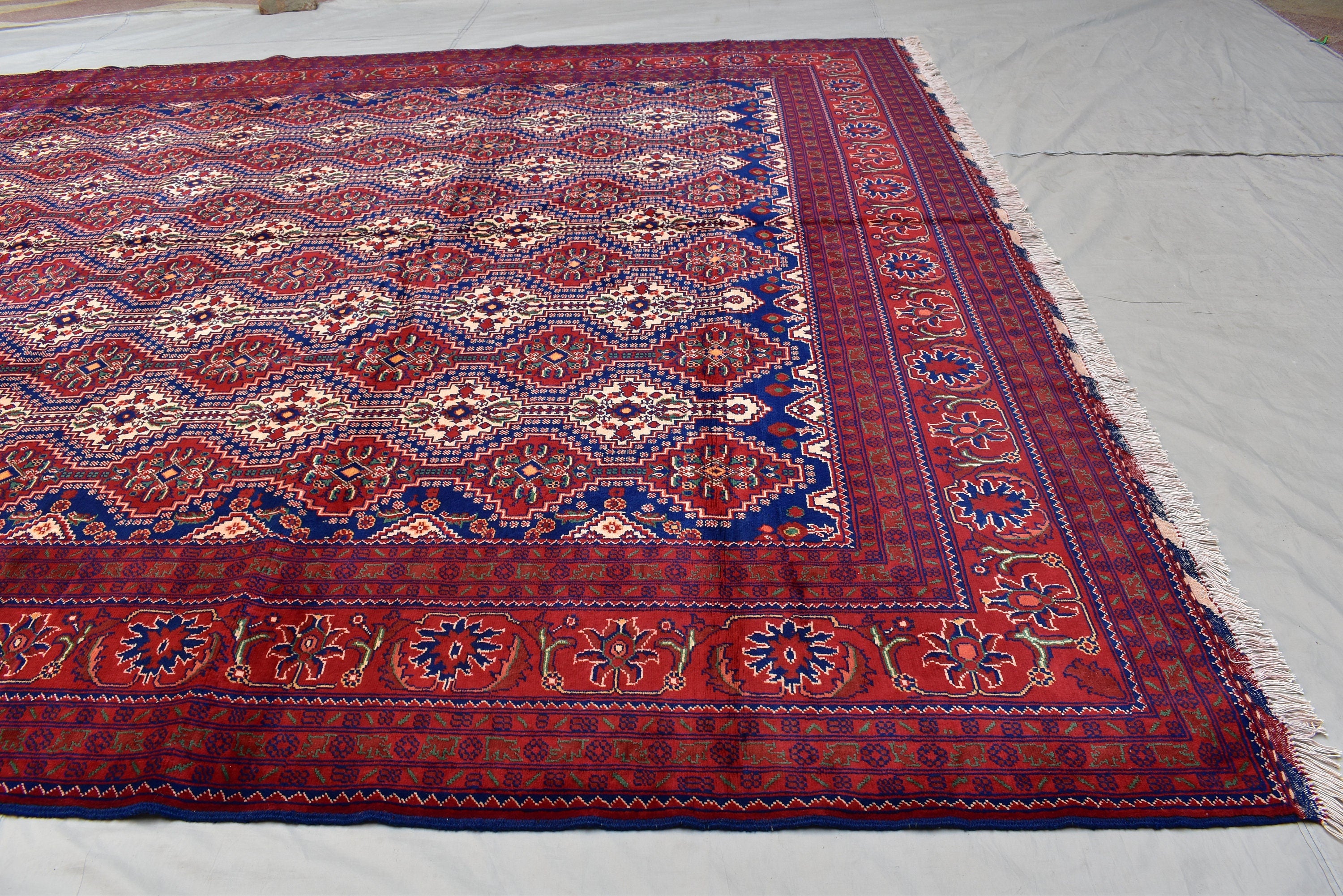 10x13 Large Handwoven Afghan Wool Rug, Rich Red and Navy Blue Oriental Rug, Rug for Living Room, Rug for Dining Room, Boho Home Decor