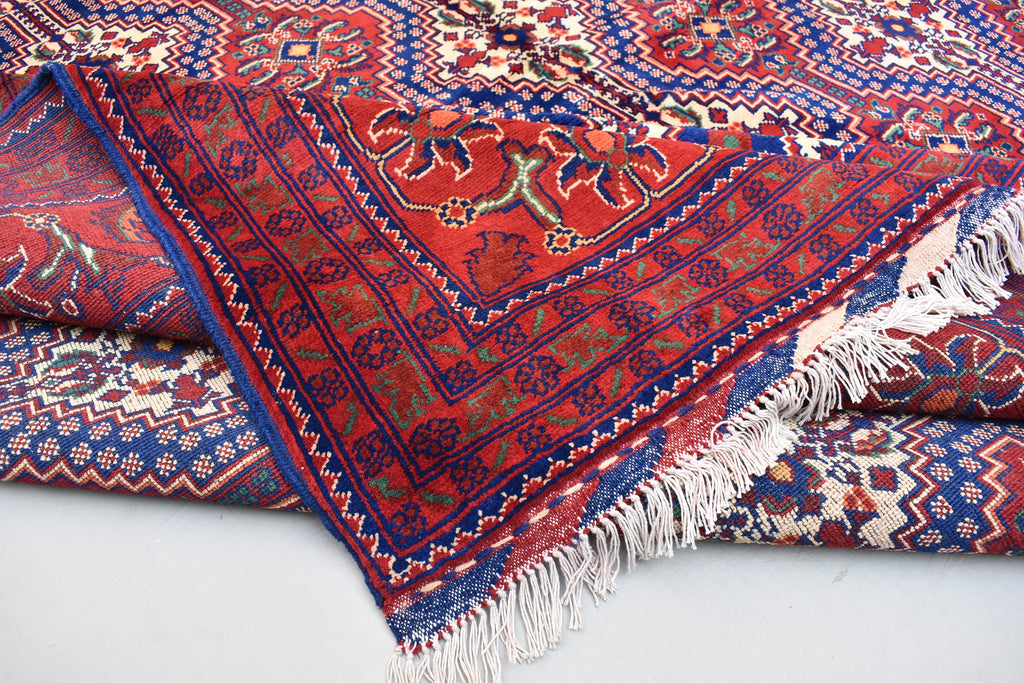 10x13 Large Handwoven Afghan Wool Rug, Rich Red and Navy Blue Oriental Rug, Rug for Living Room, Rug for Dining Room, Boho Home Decor