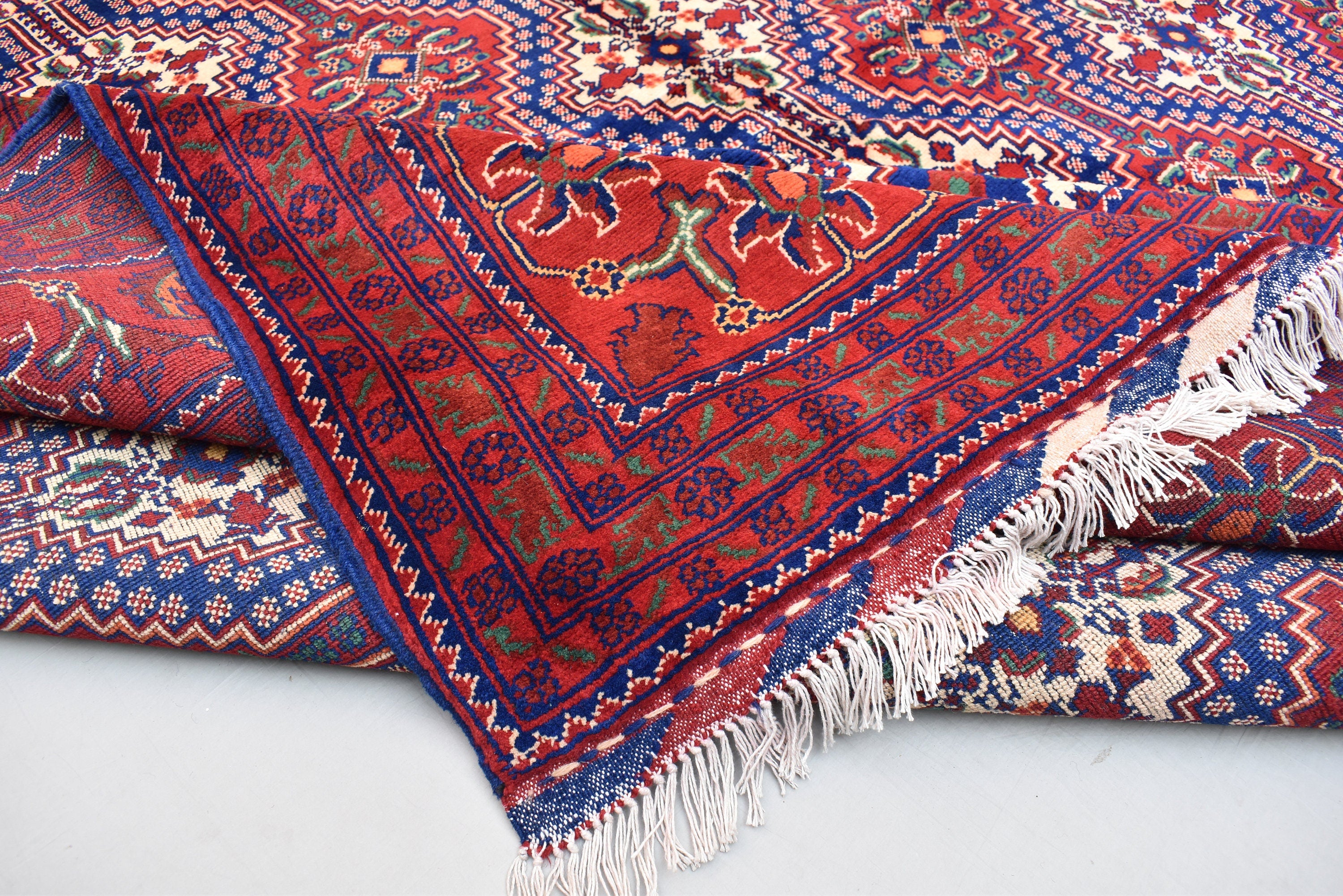 10x13 Large Handwoven Afghan Wool Rug, Rich Red and Navy Blue Oriental Rug, Rug for Living Room, Rug for Dining Room, Boho Home Decor