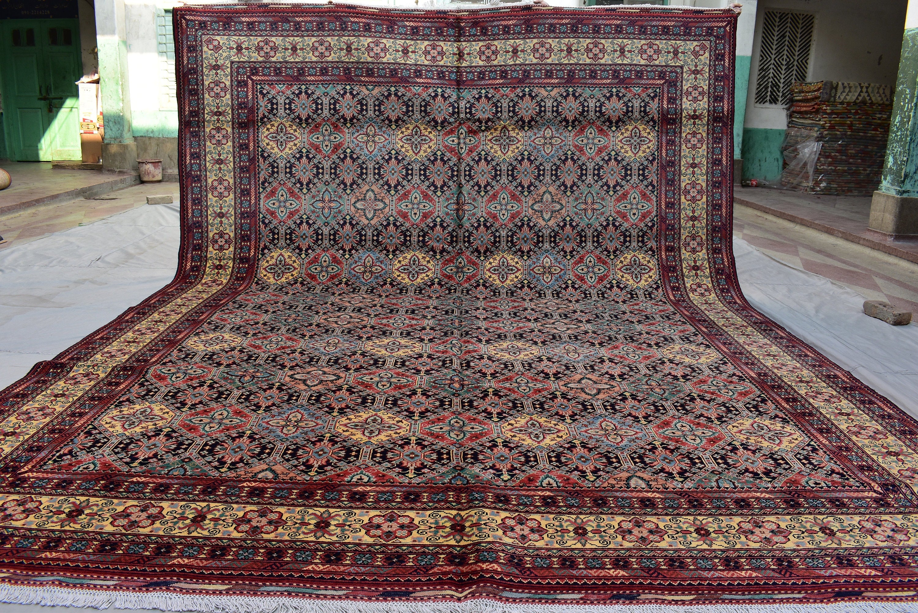 13.2 x 9.11 Ft Large Area Rug Afghan Handmade High Pile RugTukroman Multi Color Silky Soft Wool Rug Oriental Bokhara Ersari Rug For Bedroom